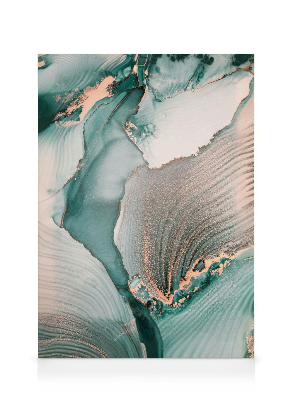 A canvas showing flowing teal, green, and light blue alcohol ink with sparkling bronze and white accents.