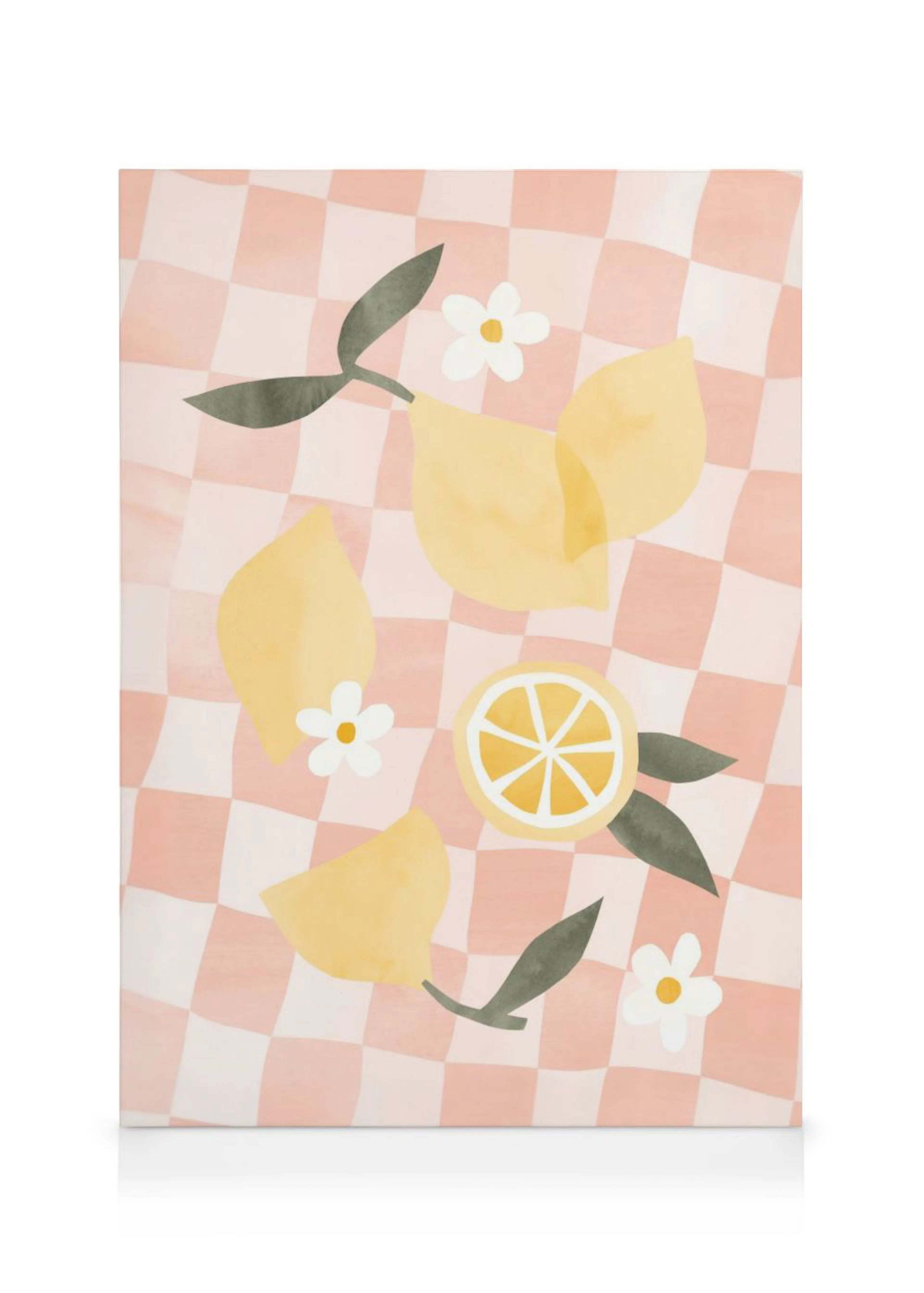 A delightful canvas featuring yellow lemons and white flowers on a pink and white checkered background.