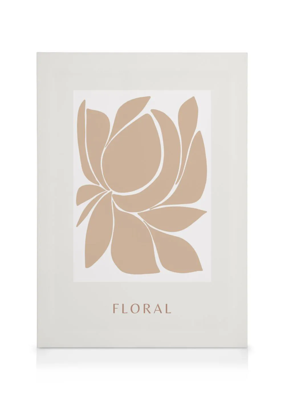 A floral canvas with a large beige lotus-like flower illustration on a white background, with FLORAL text below.