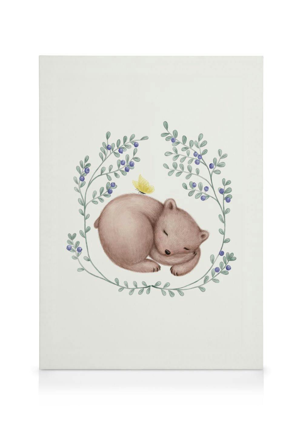 A canvas featuring a cute sleeping bear cub with a yellow butterfly on its back, surrounded by a wreath of green leaves and purp