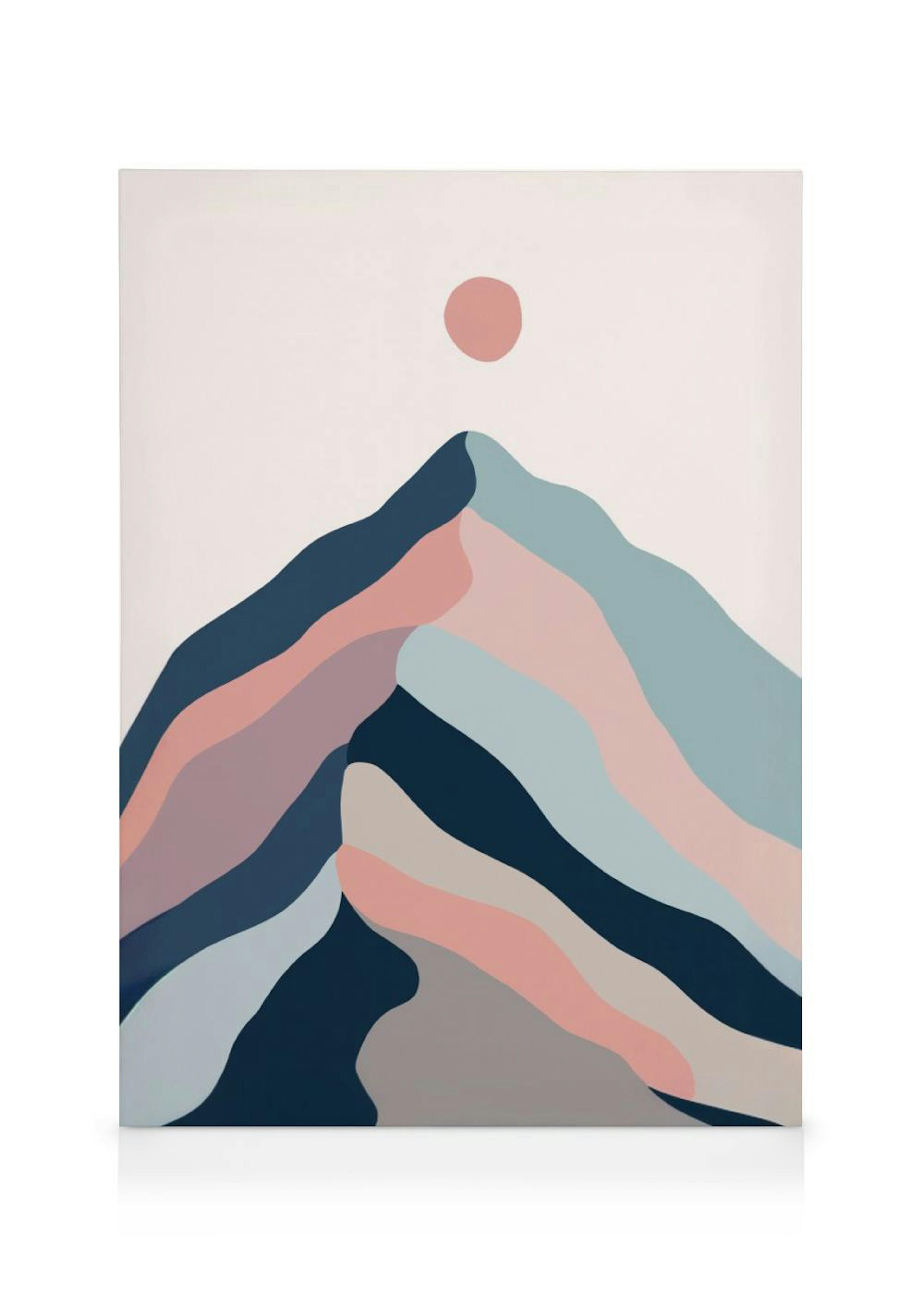 Leinwandbild mit abstrakter Berglandschaft in Pastelltönen und dunklem Blau, hängt in einem hellen Wohnzimmer.