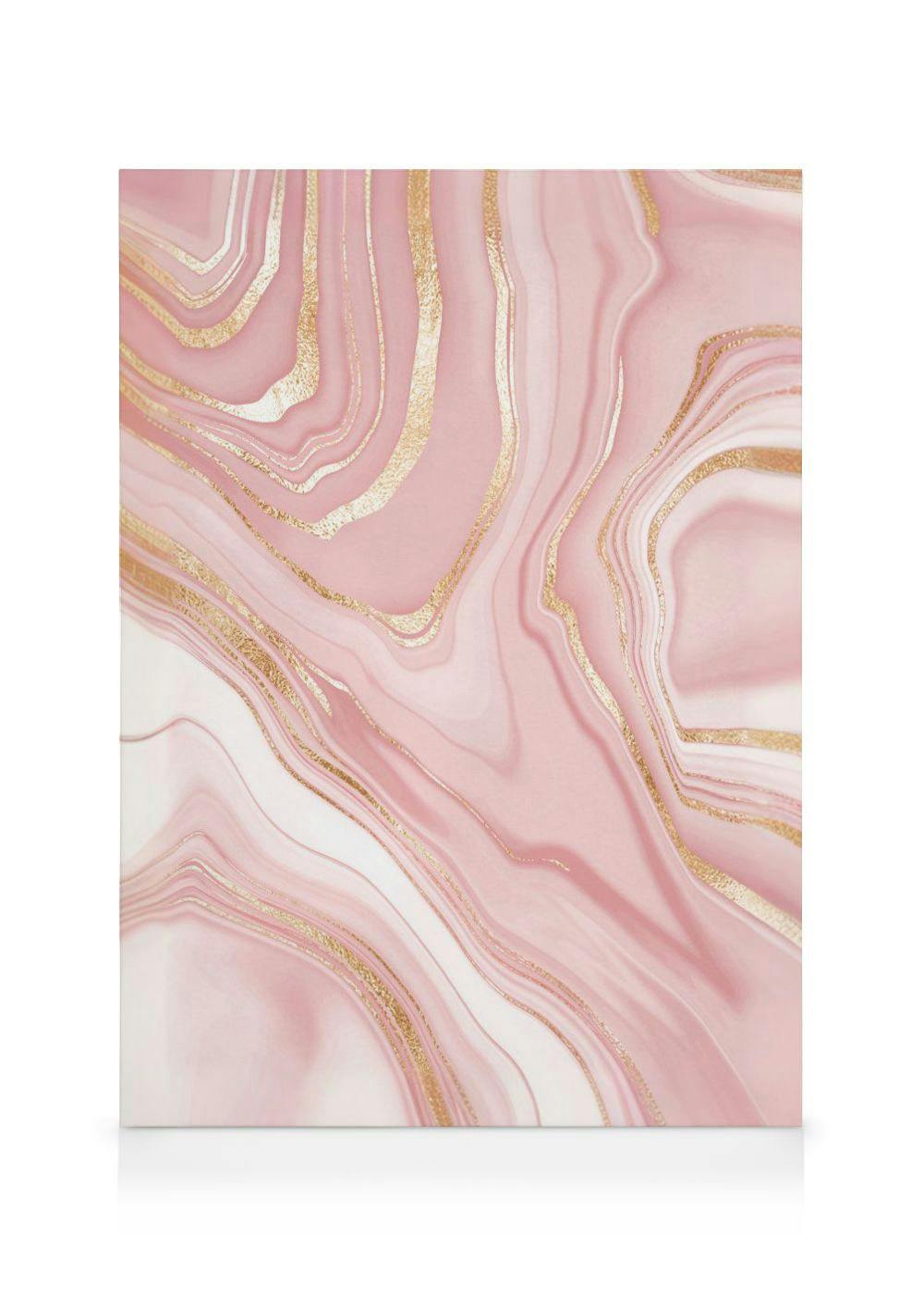 A canvas featuring a pink marble pattern with flowing white and gold glitter lines.