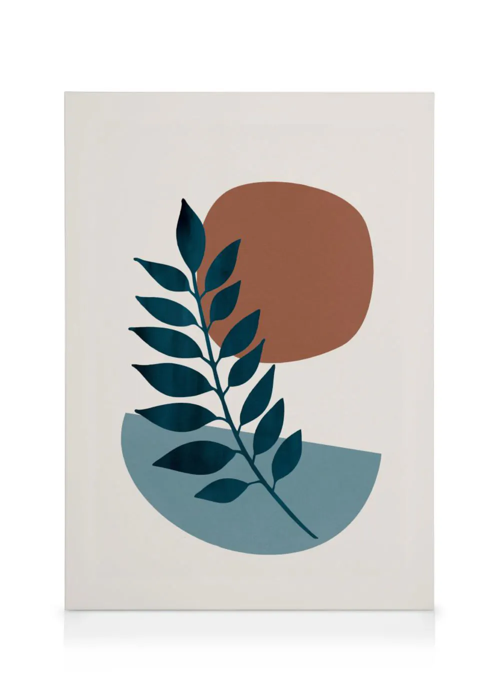 Botanical canvas with a dark teal leaf branch, a rust-orange circle, and a teal-blue abstract shape on a cream background.