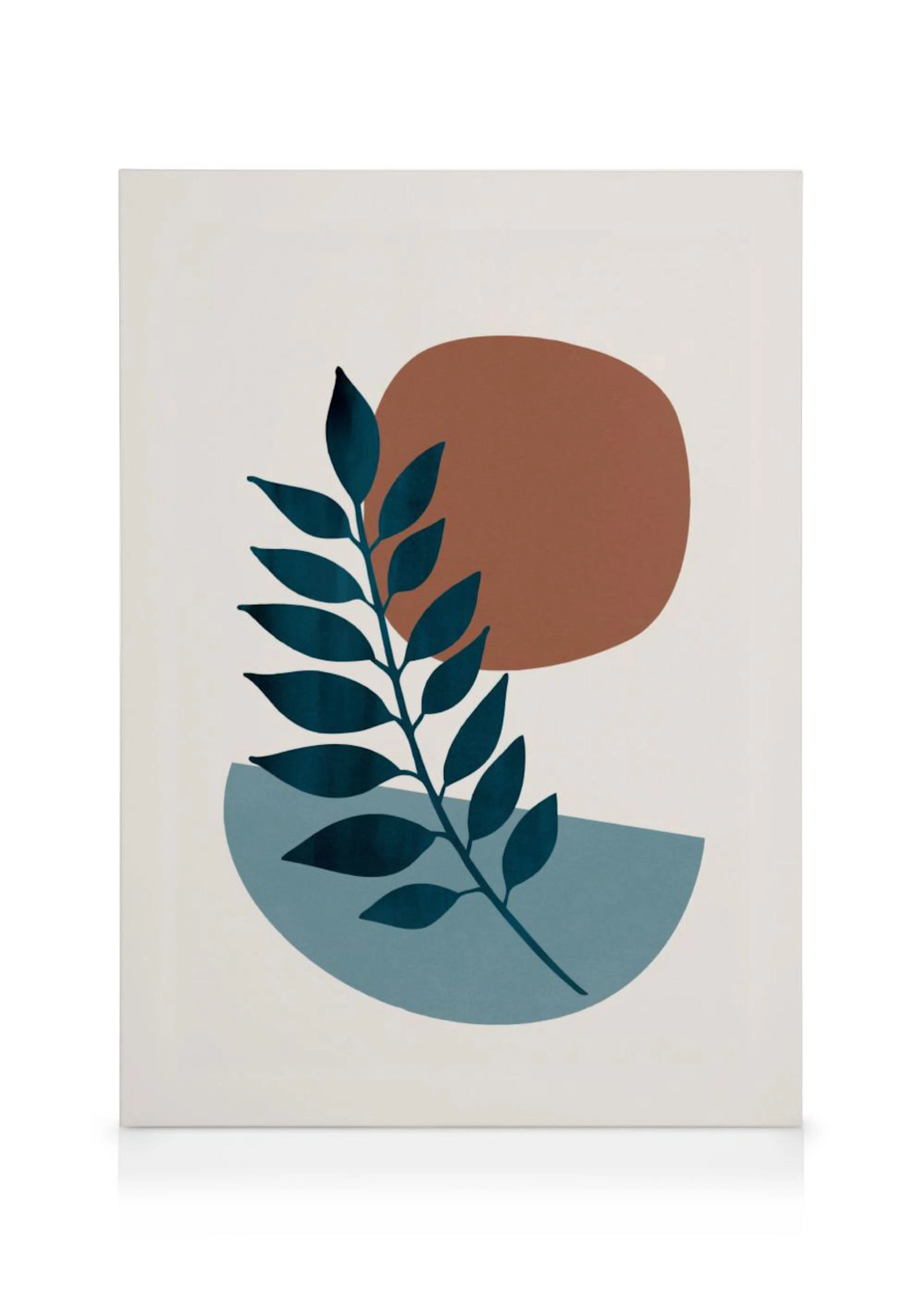 Botanical canvas with a dark teal leaf branch, a rust-orange circle, and a teal-blue abstract shape on a cream background.