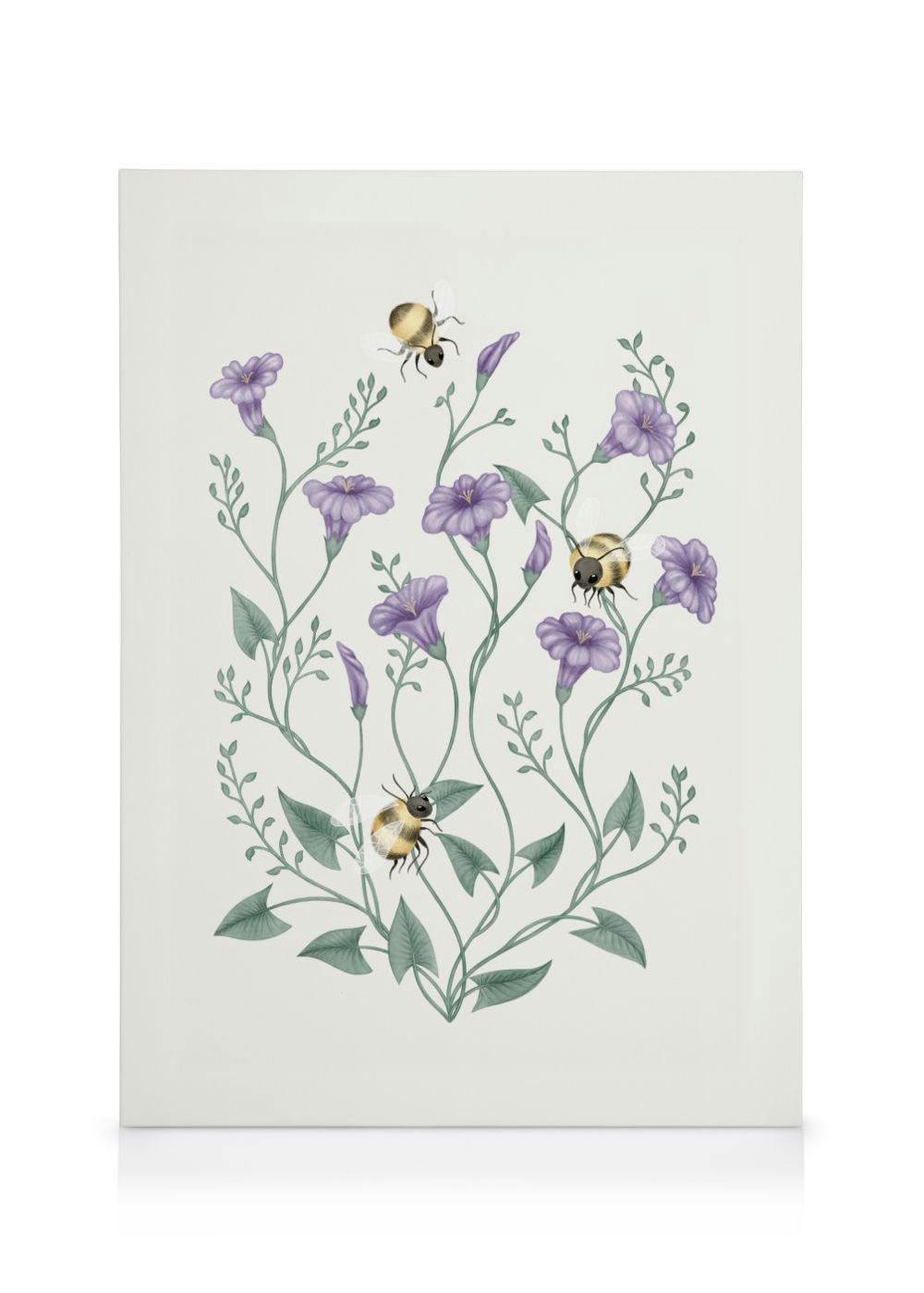 A canvas featuring a botanical illustration of purple morning glory flowers, green vines, and three detailed bumblebees.