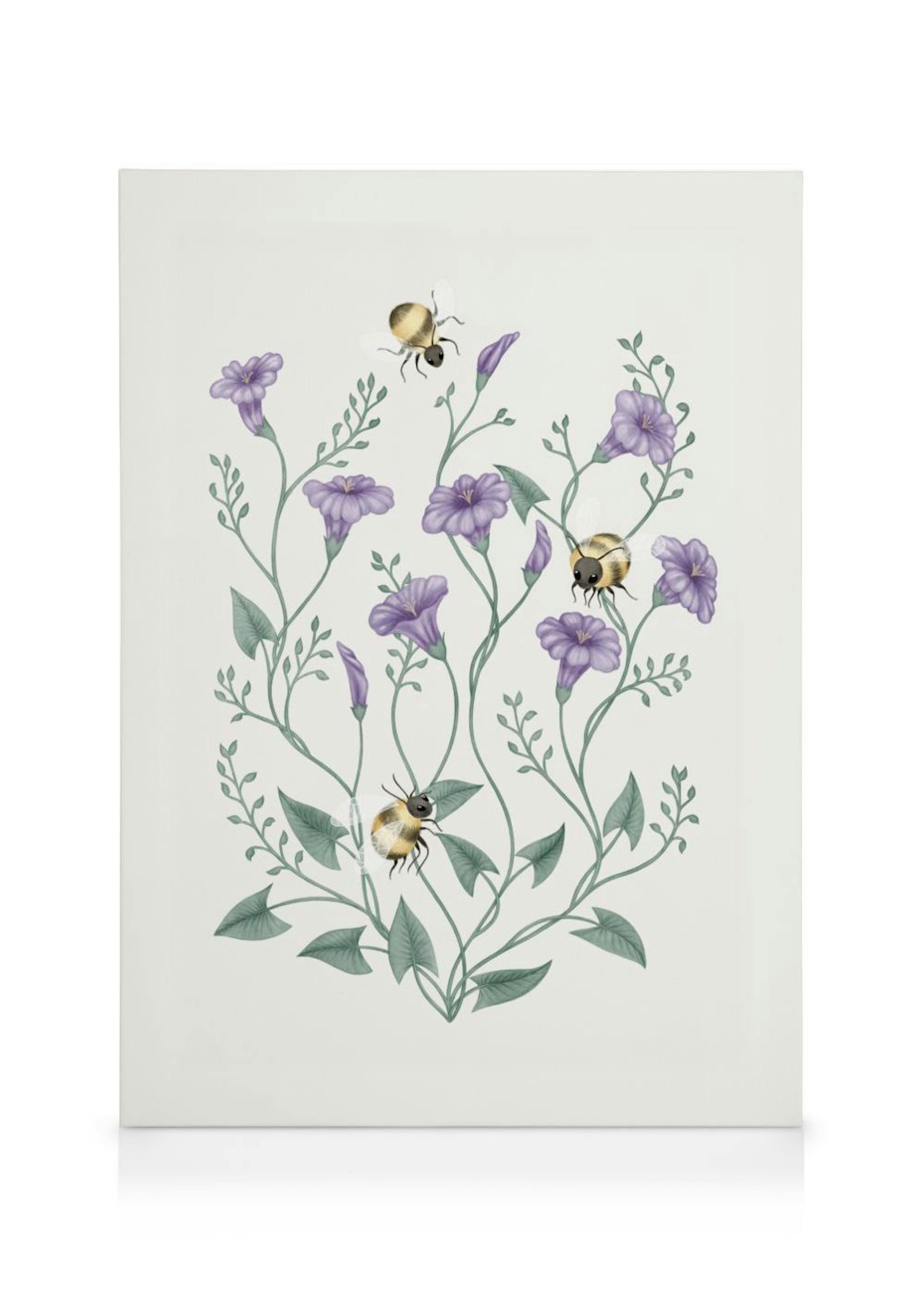 A canvas featuring a botanical illustration of purple morning glory flowers, green vines, and three detailed bumblebees.