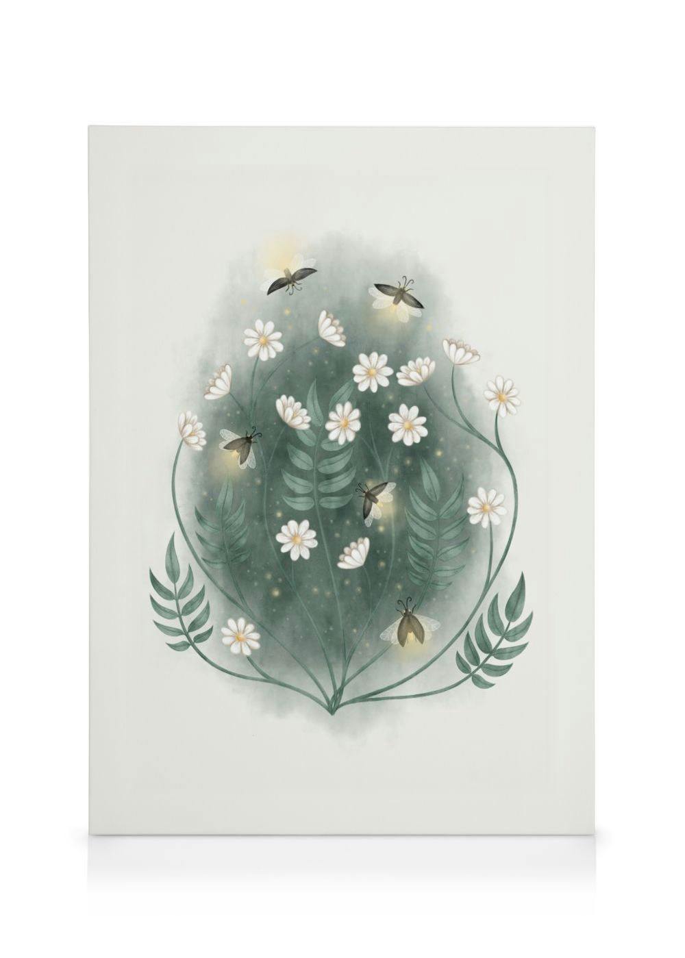 Een canvas met een illustratie van witte bloemen en glimwormen tussen groene bladeren op een lichte achtergrond.