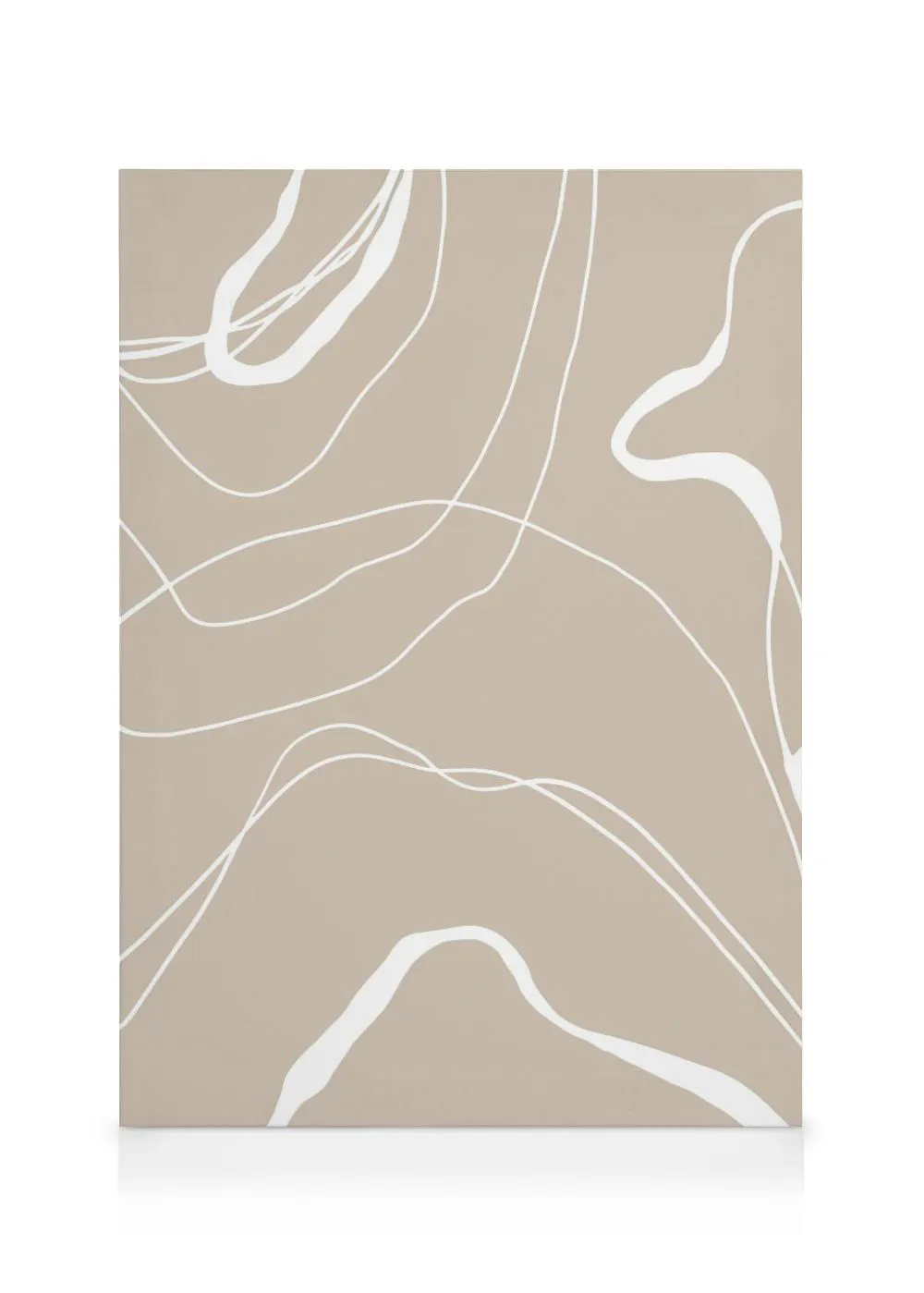 A minimalist canvas with flowing white lines and organic shapes on a neutral beige background.