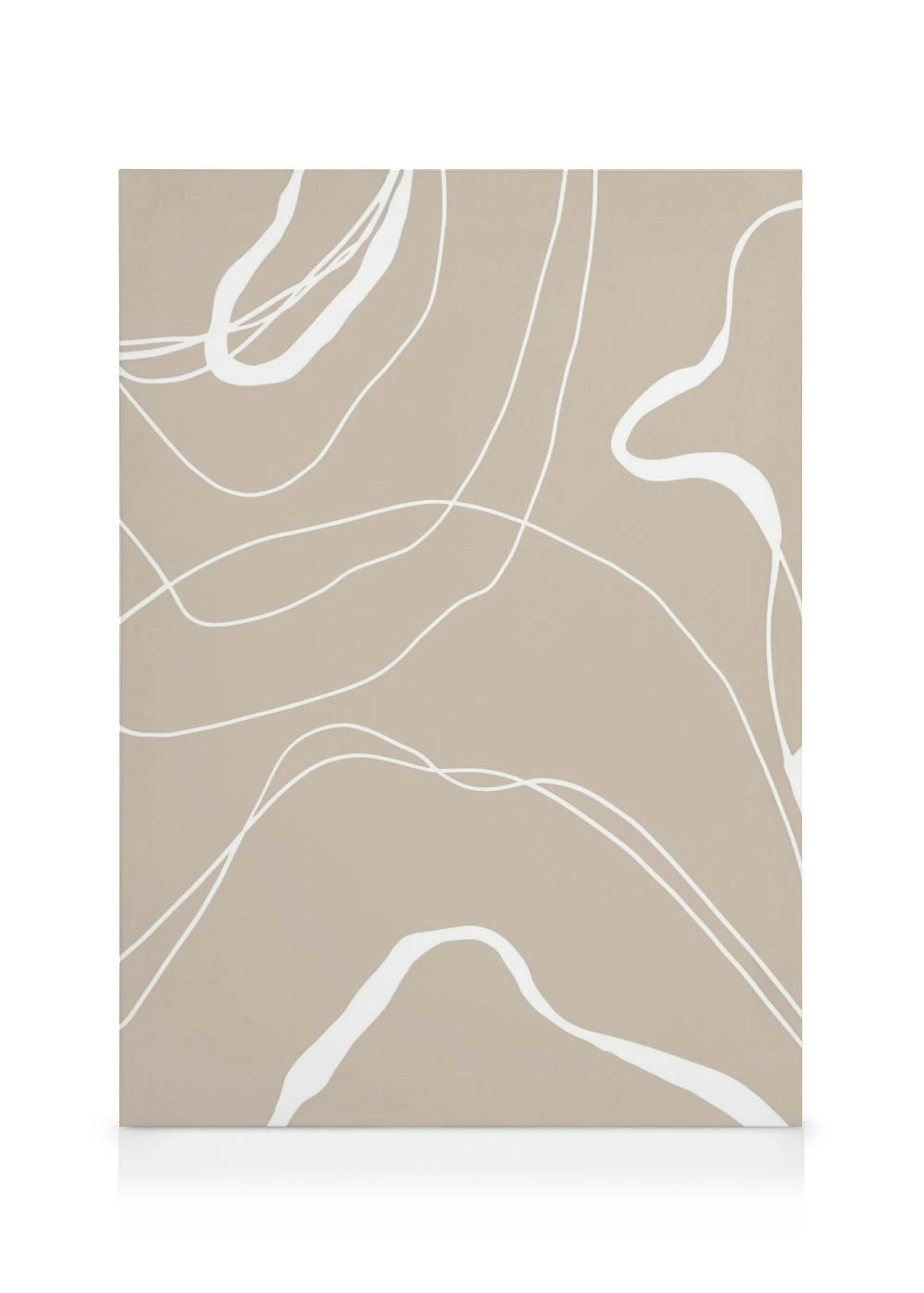 A minimalist canvas with flowing white lines and organic shapes on a neutral beige background.
