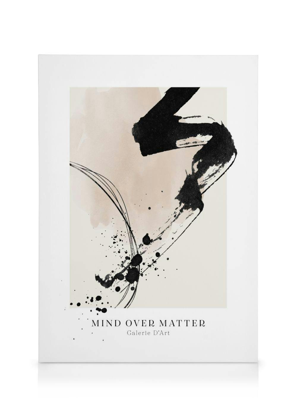 A canvas featuring abstract black brushstrokes and ink splatters over a light beige and white background, with text below.