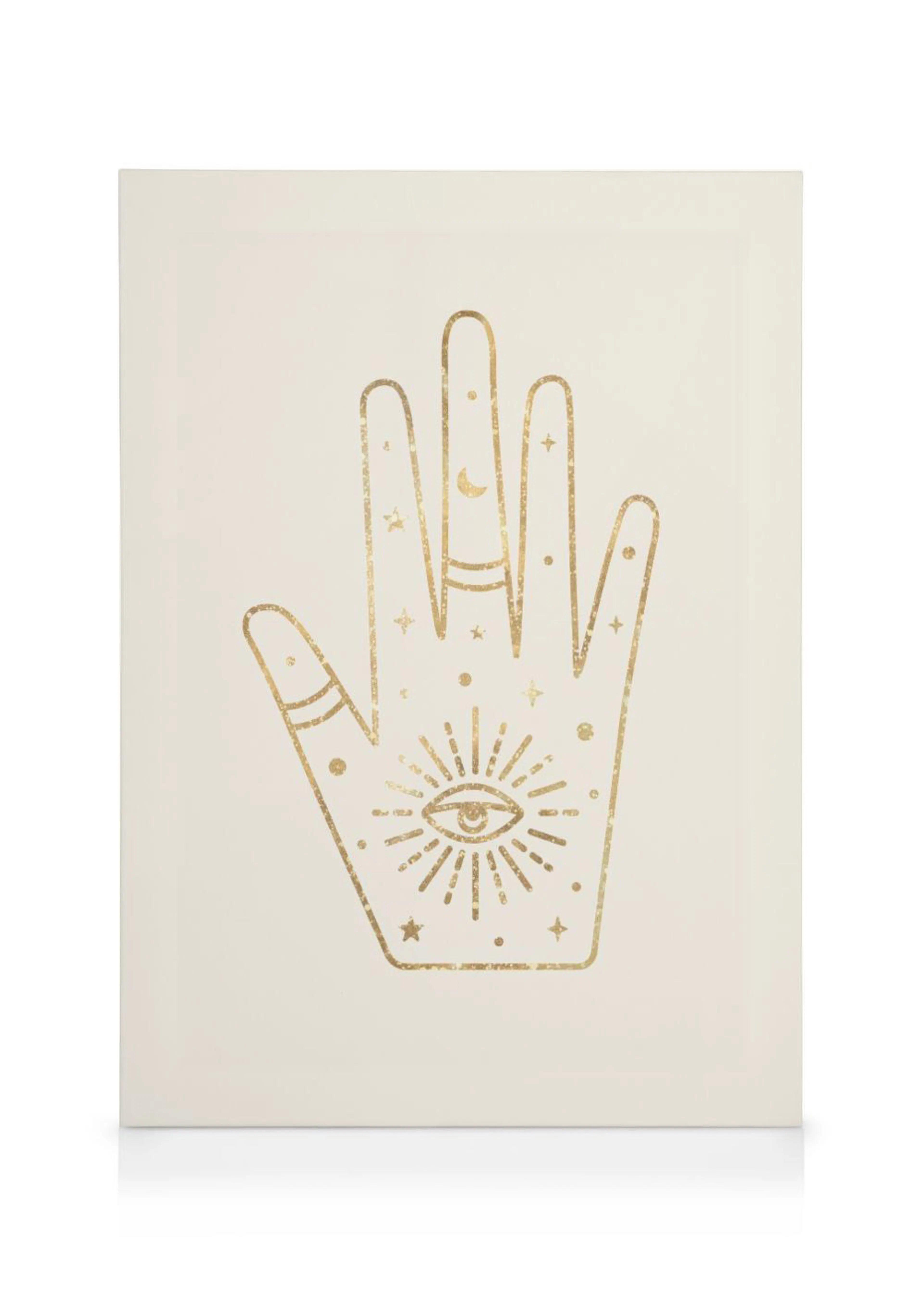 A canvas featuring a golden hamsa hand with an eye and sunburst design on a cream background.
