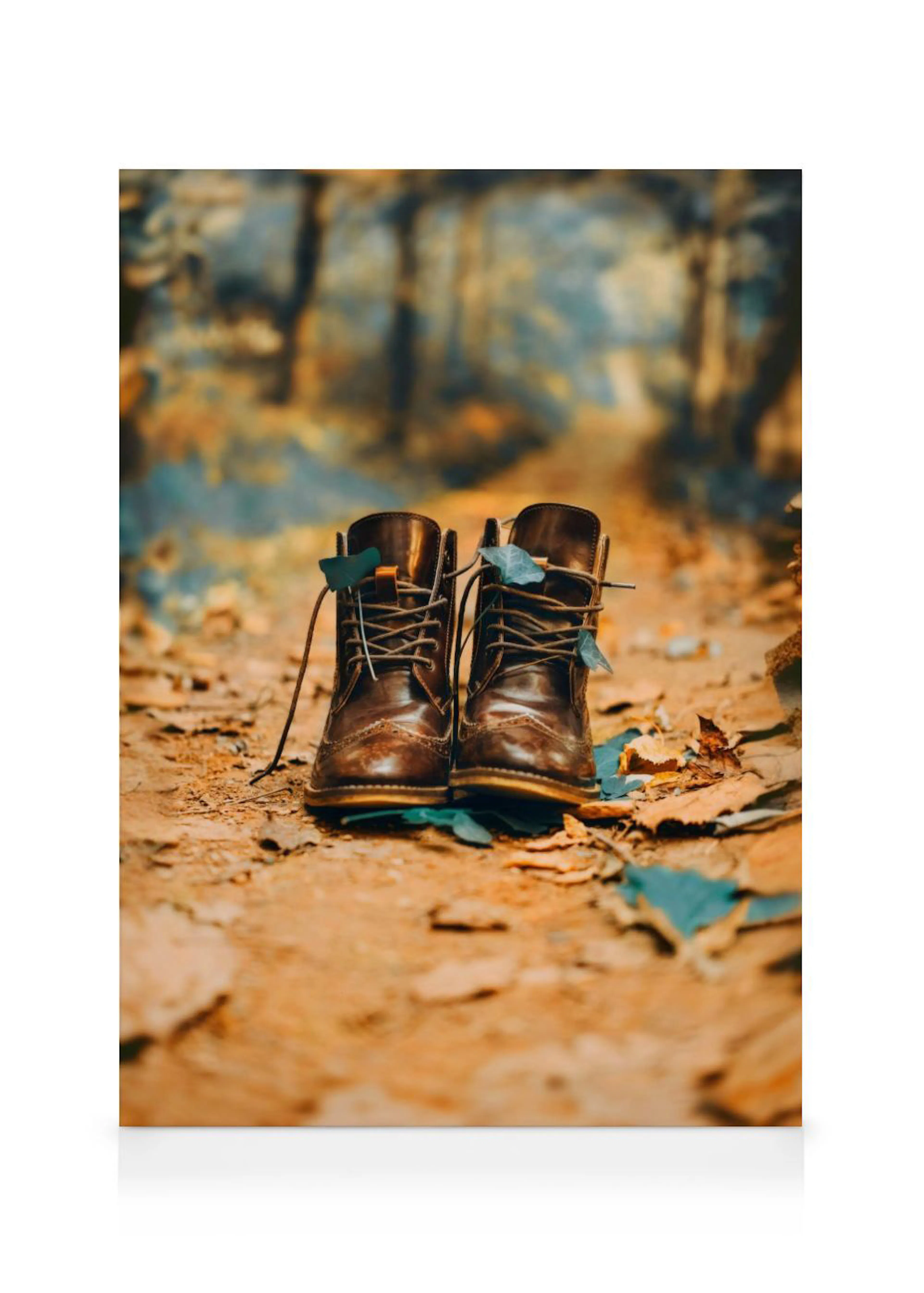 A canvas showing a pair of brown leather boots with green leaves on them, sitting on a path of fallen leaves.