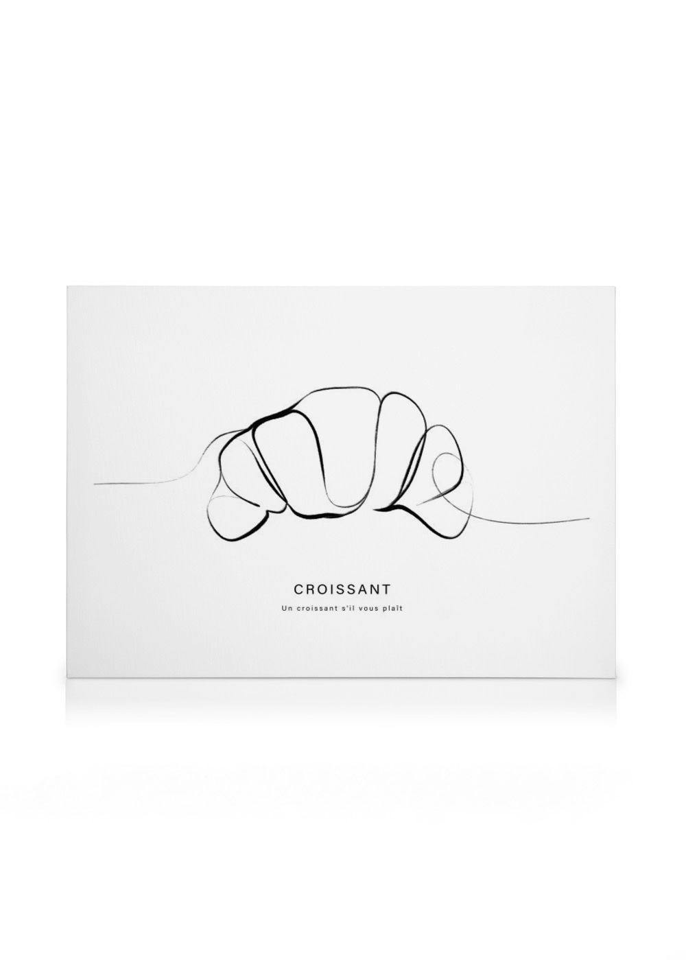 Et lærred med en minimalistisk sort stregtegning af en croissant på en hvid baggrund med teksten CROISSANT.