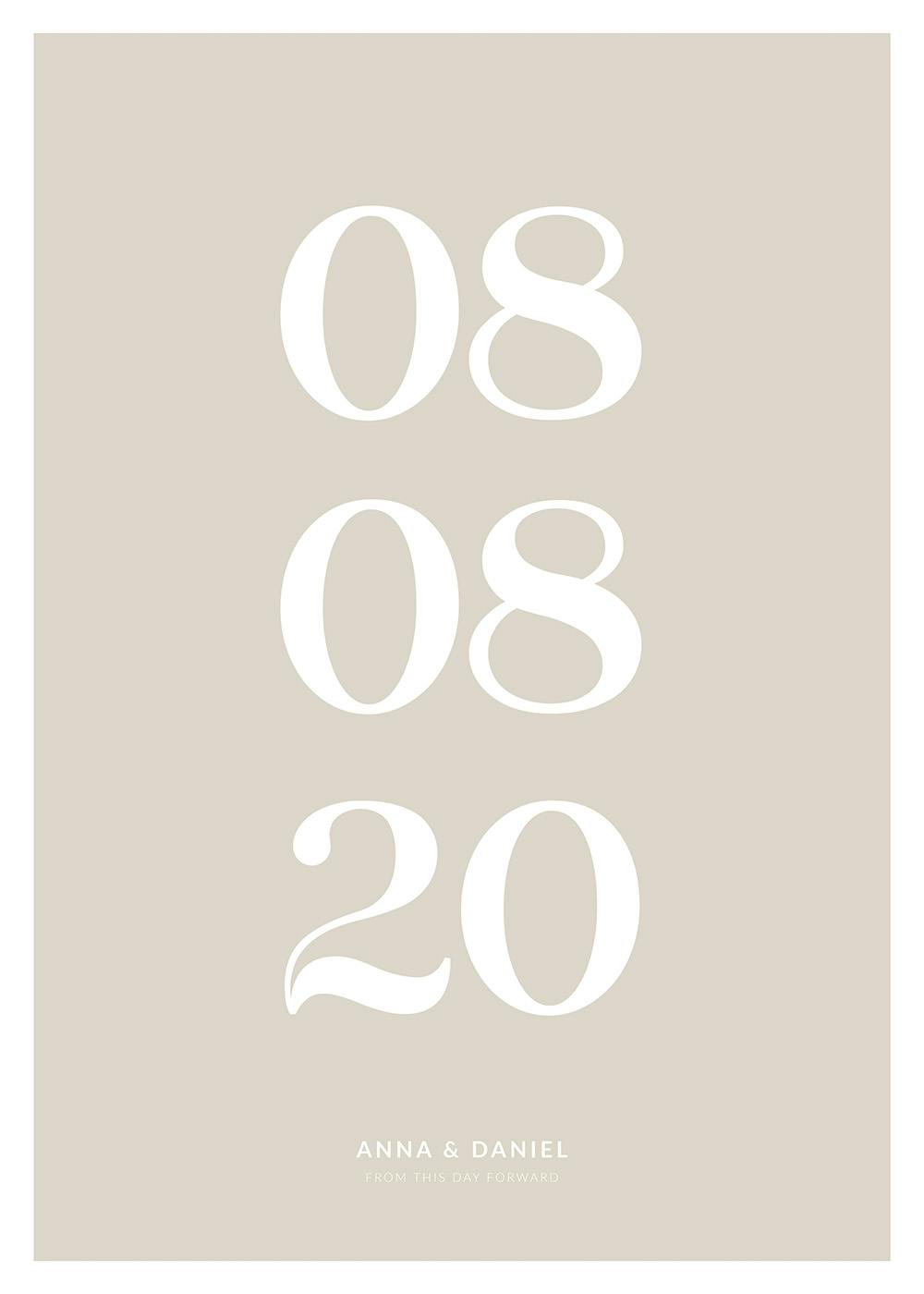 Poster personnalisé beige avec les chiffres 08, 08, 20 en blanc et le texte Anna & Daniel en bas.