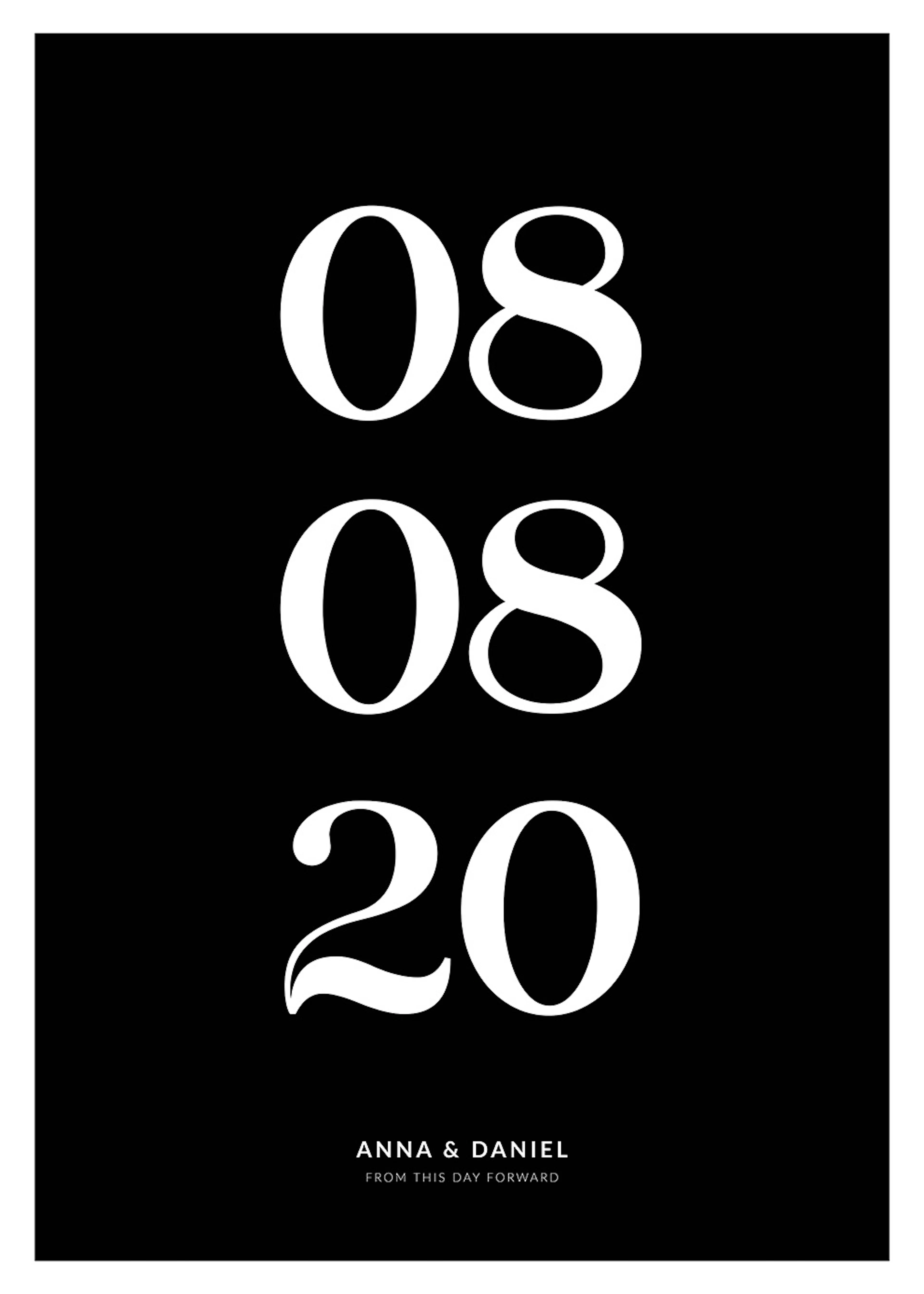 Ein personalisiertes Poster mit großen weißen Zahlen 08 08 20 und den Namen ANNA & DANIEL auf schwarzem Hintergrund.