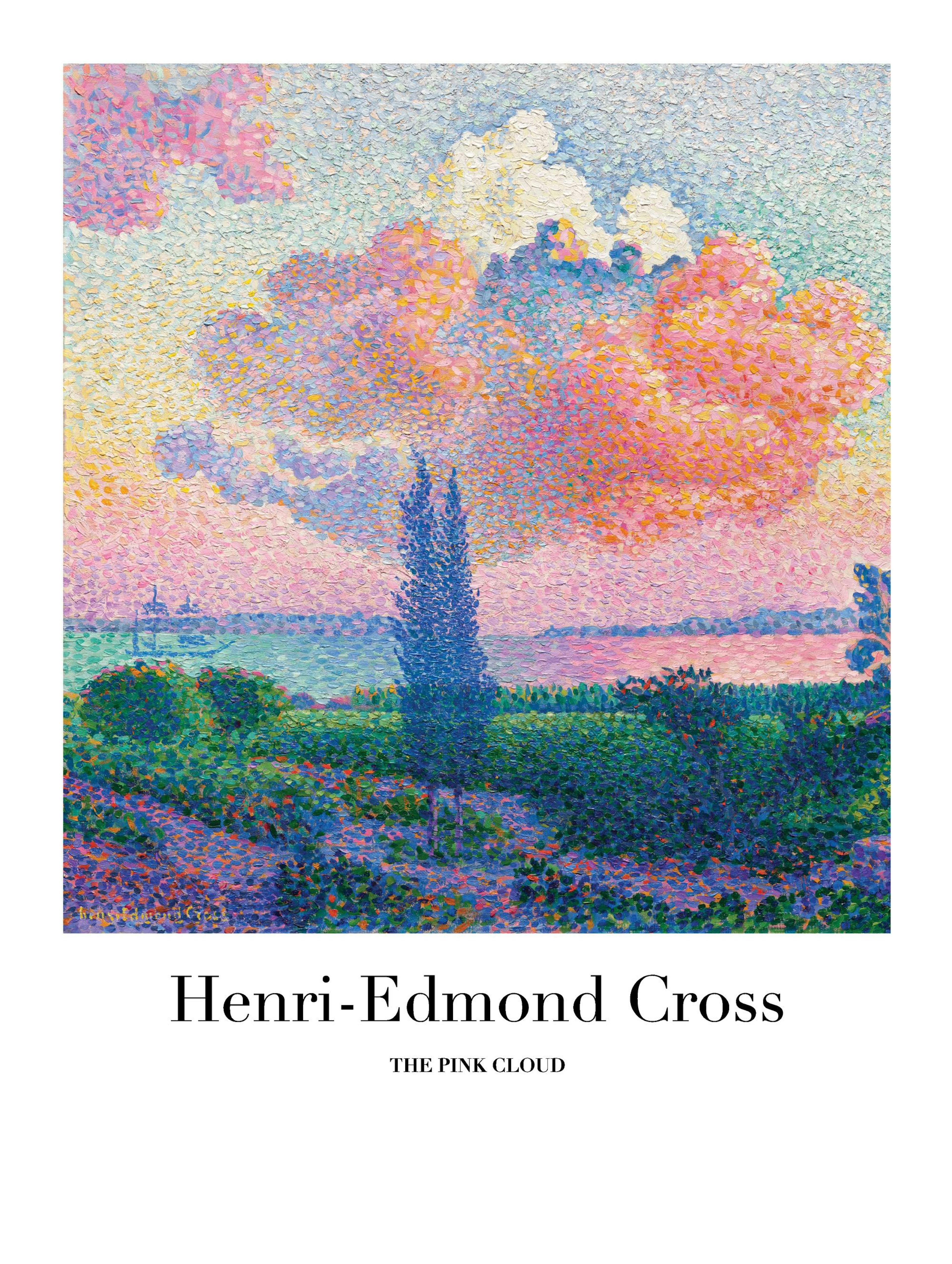 Poster pointilliste dun paysage avec un ciel rose et orange et des nuages colorés au-dessus dun plan deau et de verdure.