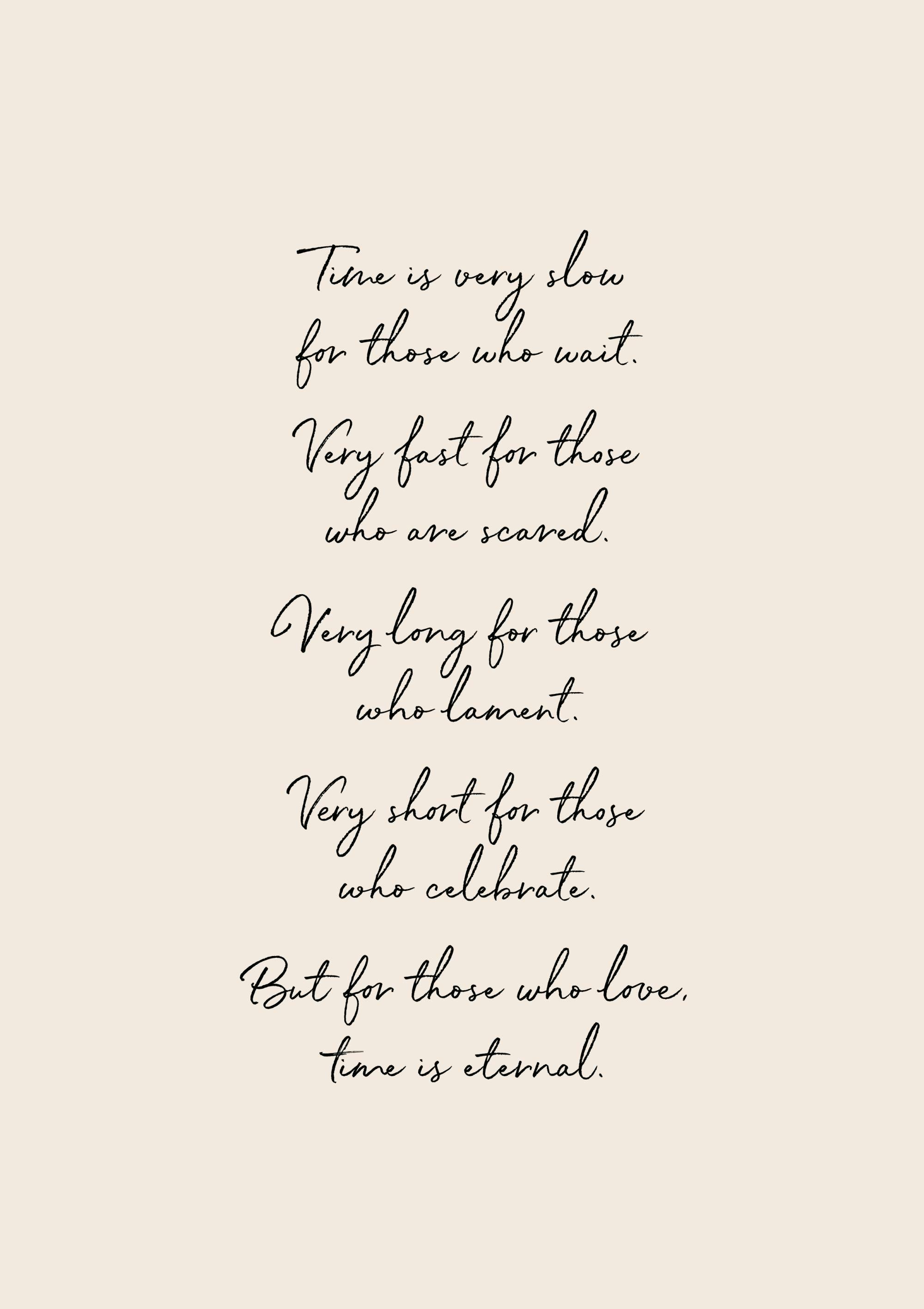 Plakát s milostným citátem Time is very slow for those who wait, very fast for those who are scared, very long for those who lam