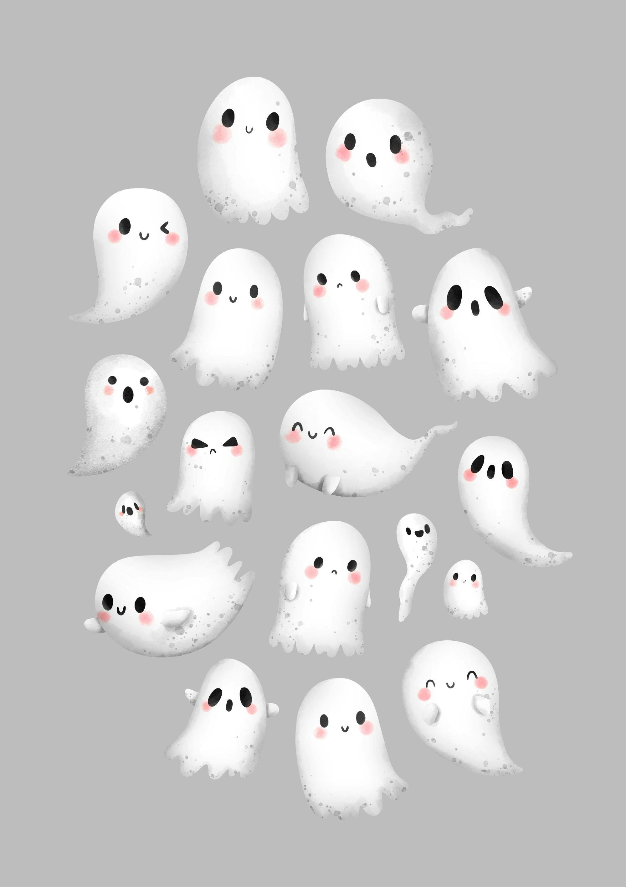 A poster featuring a group of cute, playful white ghost illustrations with rosy cheeks and various expressions on a grey backgro