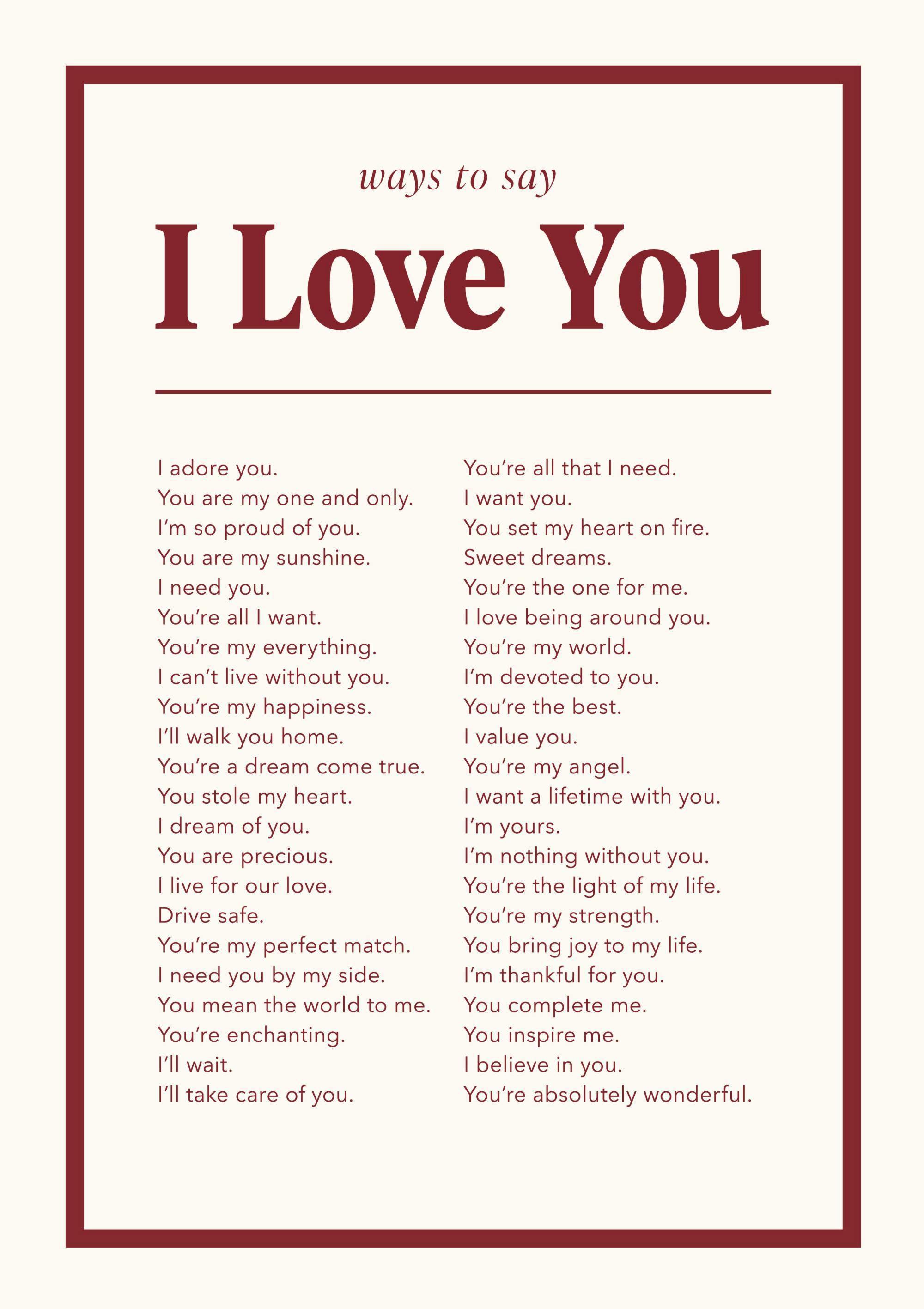 Póster ways to say I Love You con frases románticas en texto burdeos sobre fondo crema, enmarcado con un borde burdeos.