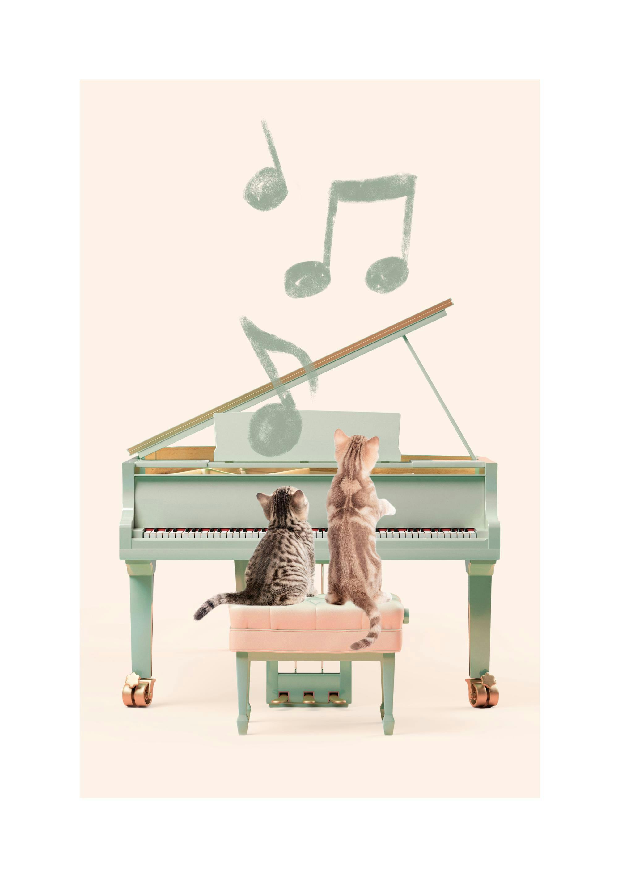 Poster: Ein mintgrünes Klavier mit zwei Katzen, die darauf sitzen, und Noten, die oben schweben.
