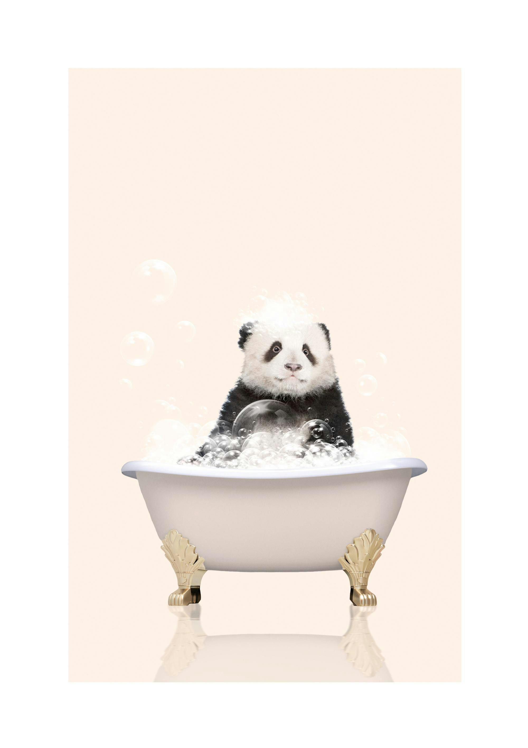 A poster featuring a baby panda in a white clawfoot bathtub filled with bubbly suds, on a light peach background.