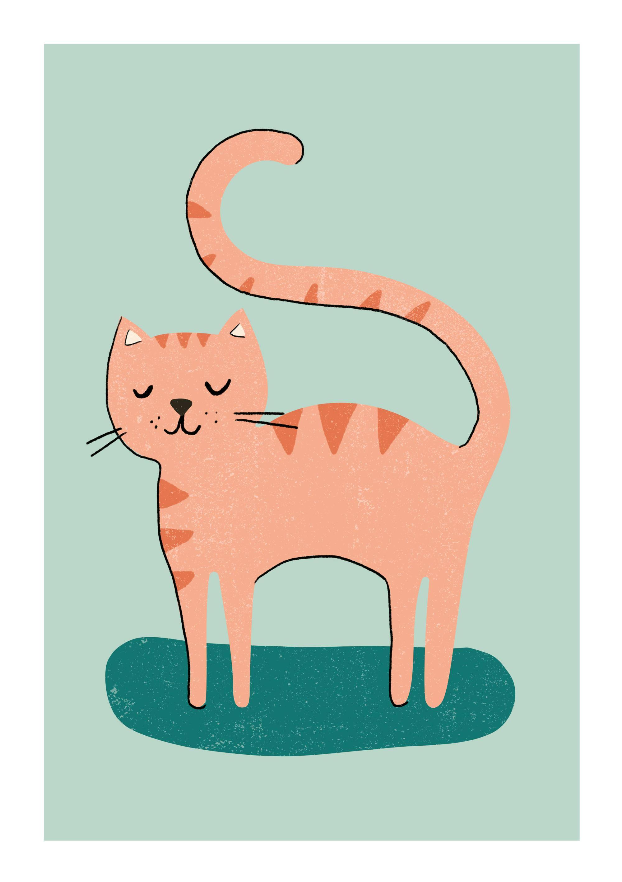 Poster dun chat rose-orangé souriant avec des rayures, sur une forme vert foncé sur fond bleu clair.