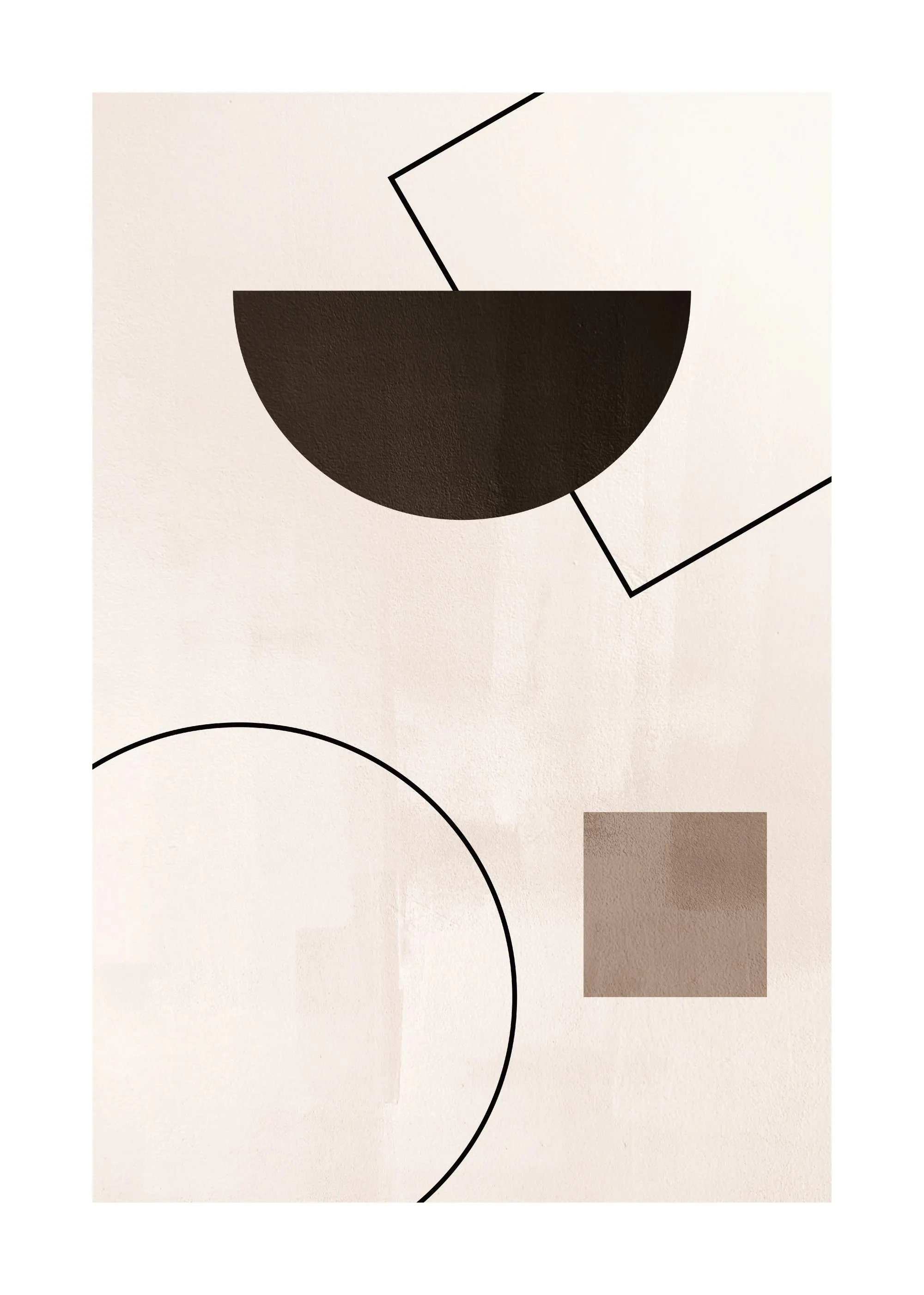 Póster de formas abstractas y geométricas en tonos neutros como negro, beige y marrón, sobre fondo claro.