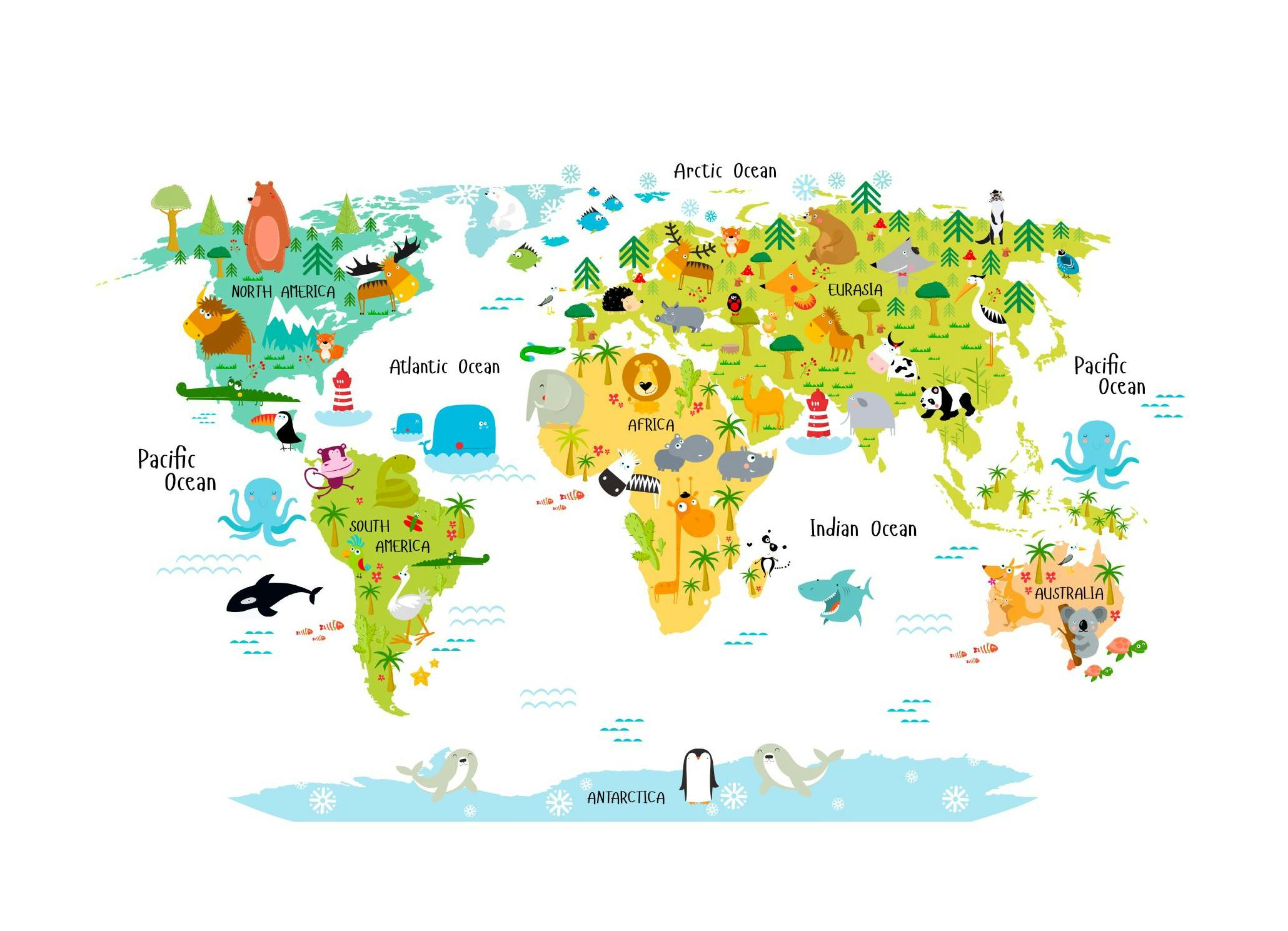 Wereldkaart Dier Poster (21x30 cm) - Poster Store
