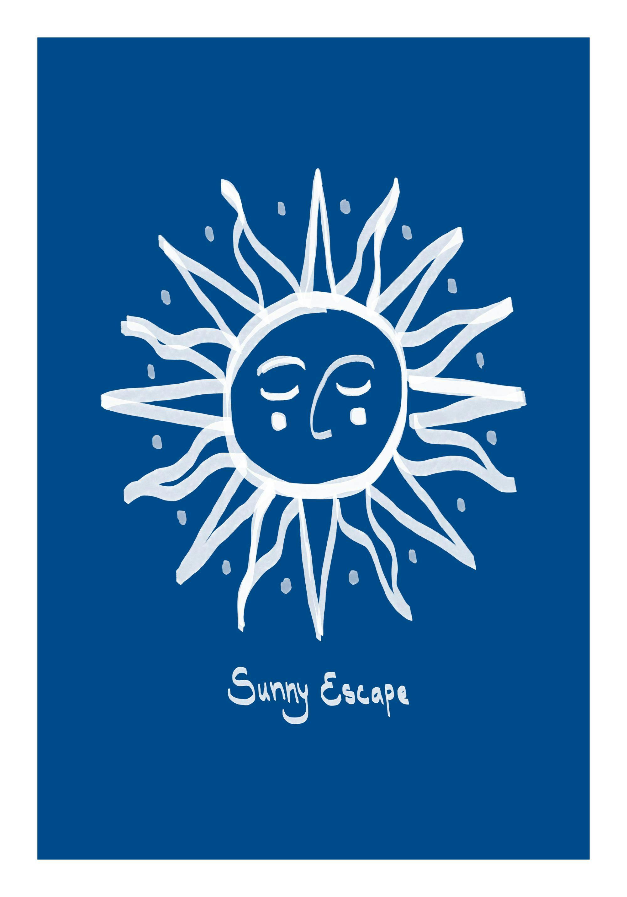 Póster azul con un sol blanco dibujado a mano con ojos cerrados y la frase Sunny Escape.