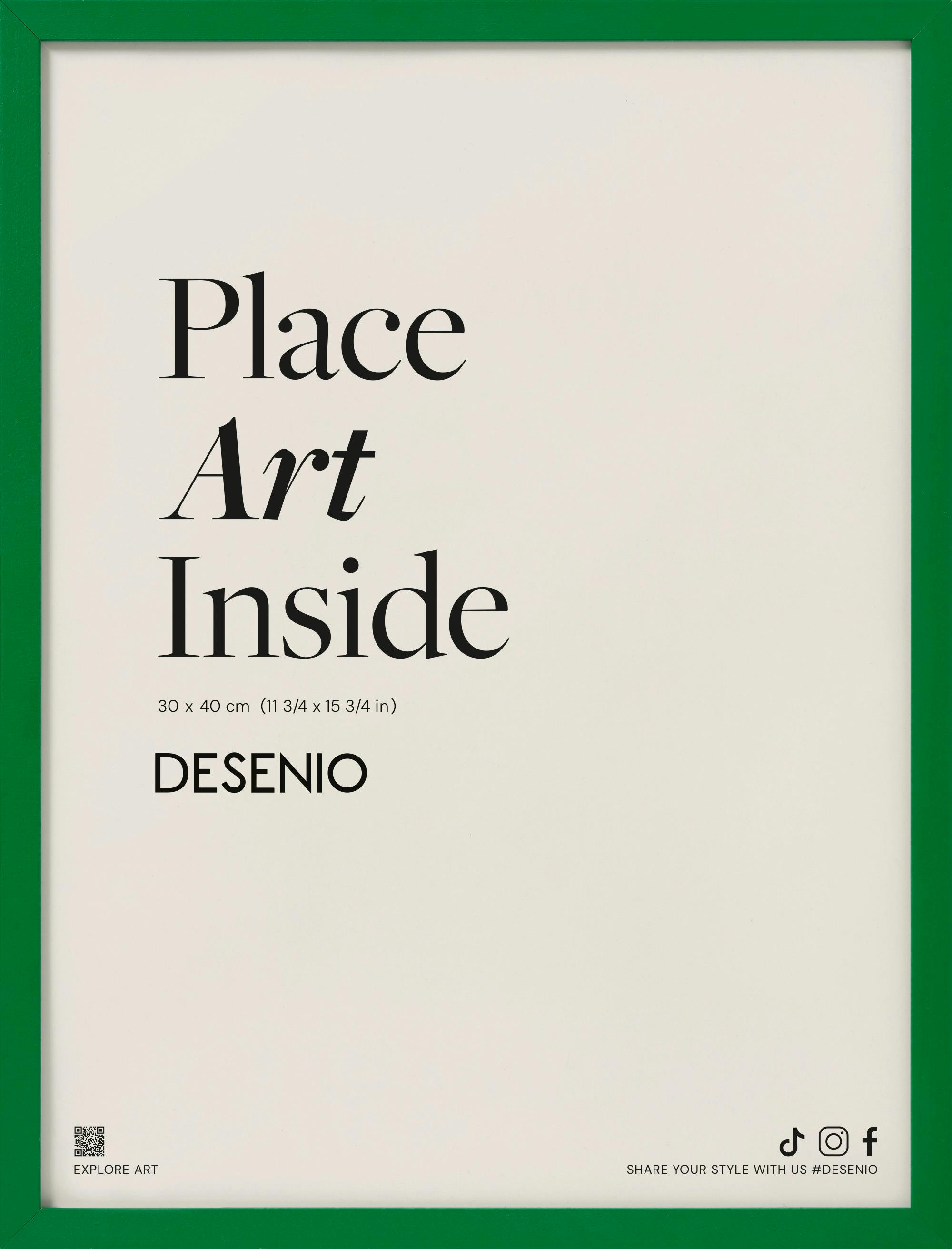 A poster with the phrase Place Art Inside and DESENIO in black text on a light beige background, bordered by a green frame.