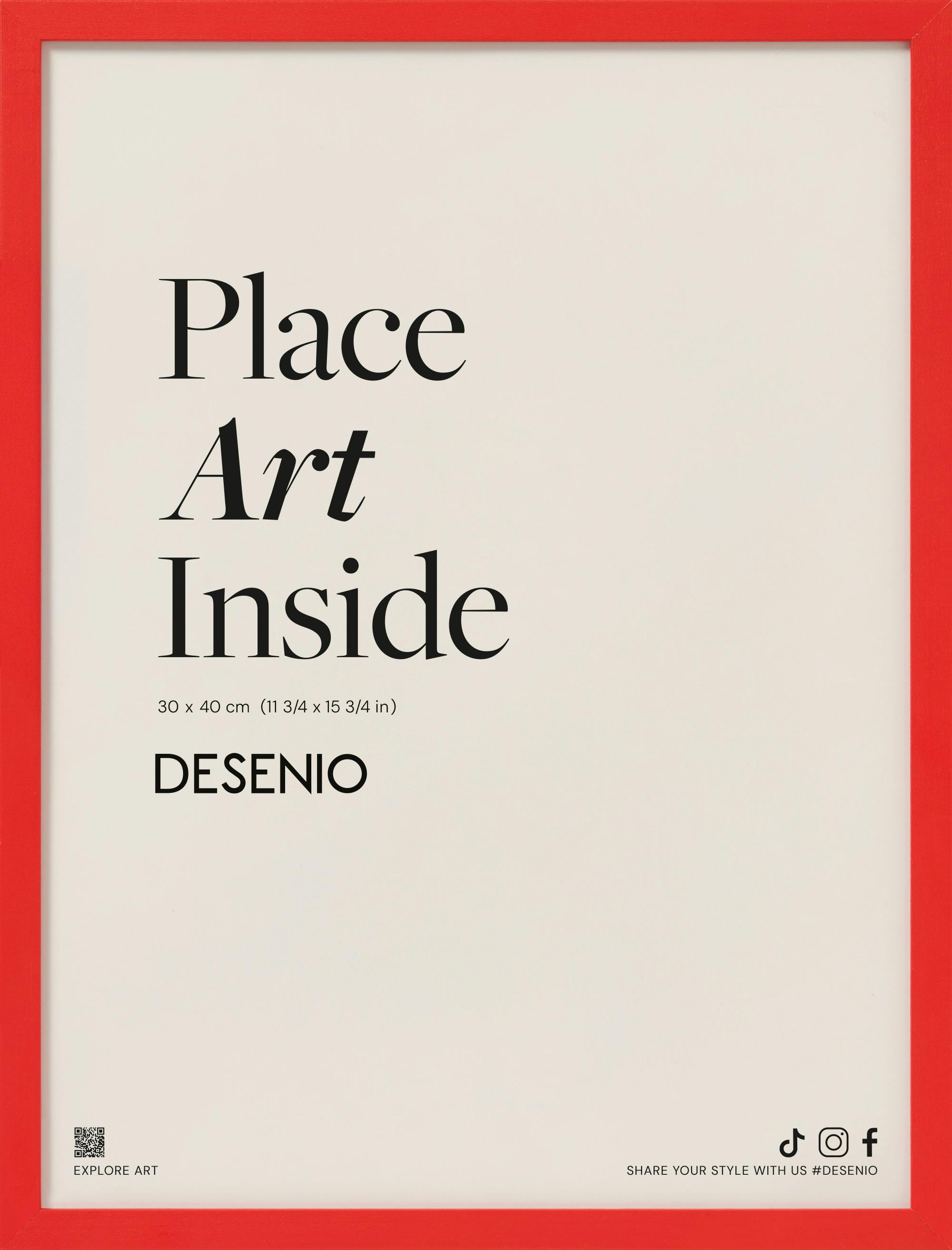 A poster with a red border, featuring the phrase Place Art Inside in black serif font on a light beige background.