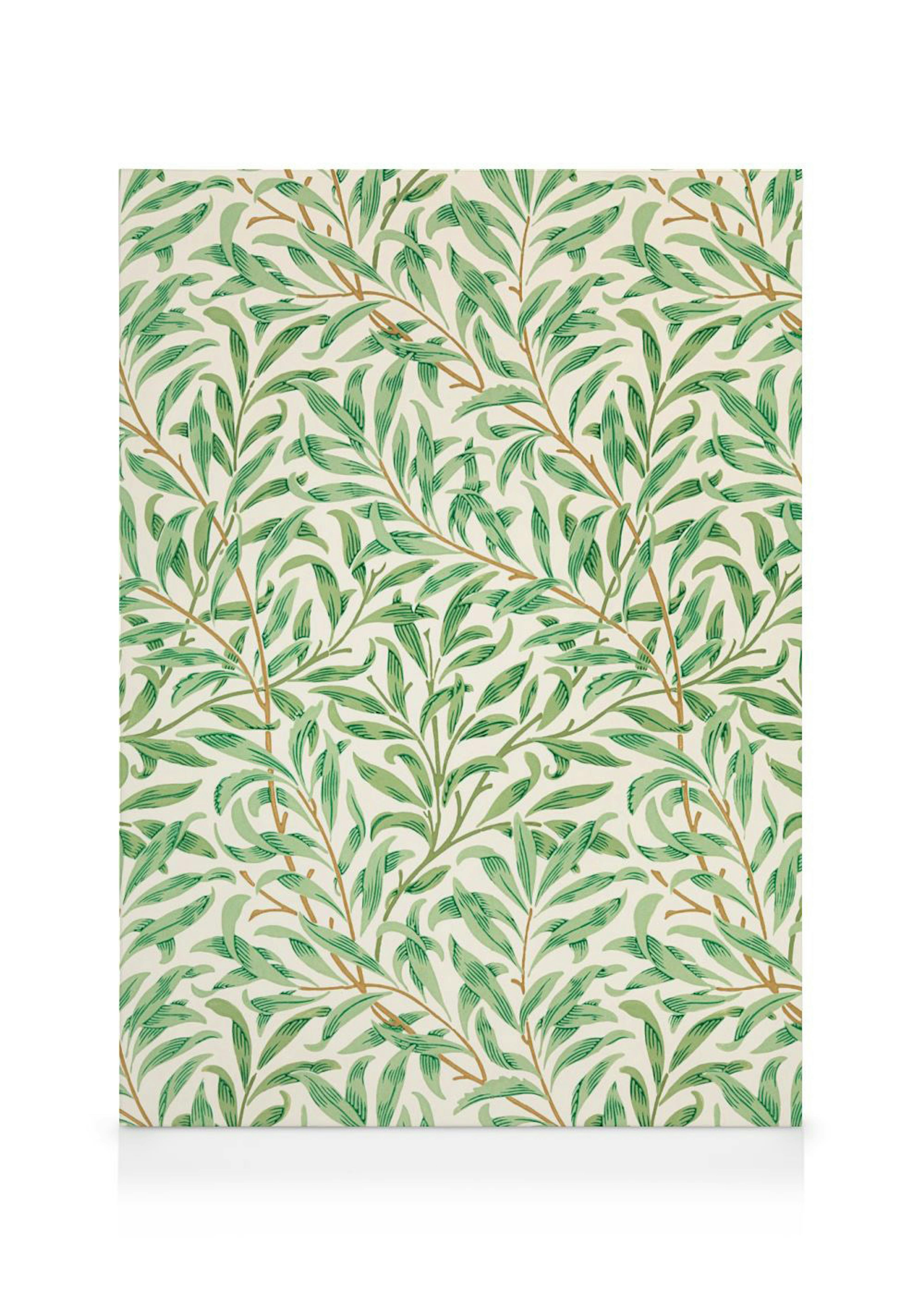 A canvas featuring a repeating pattern of green willow branches with leaves on a light background.