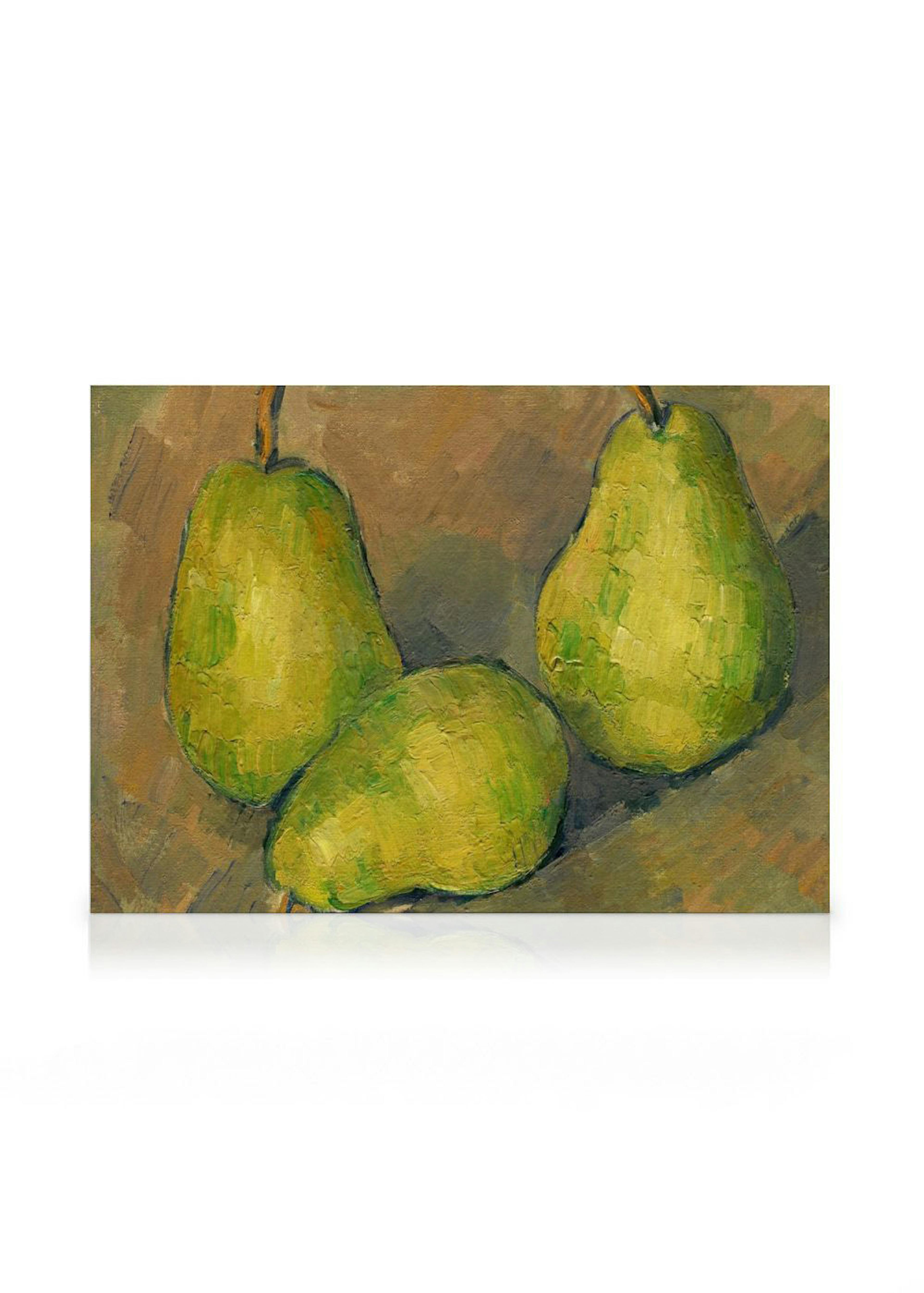 A still life canvas of three green pears with visible brushstrokes on a brown background, in a painterly style.