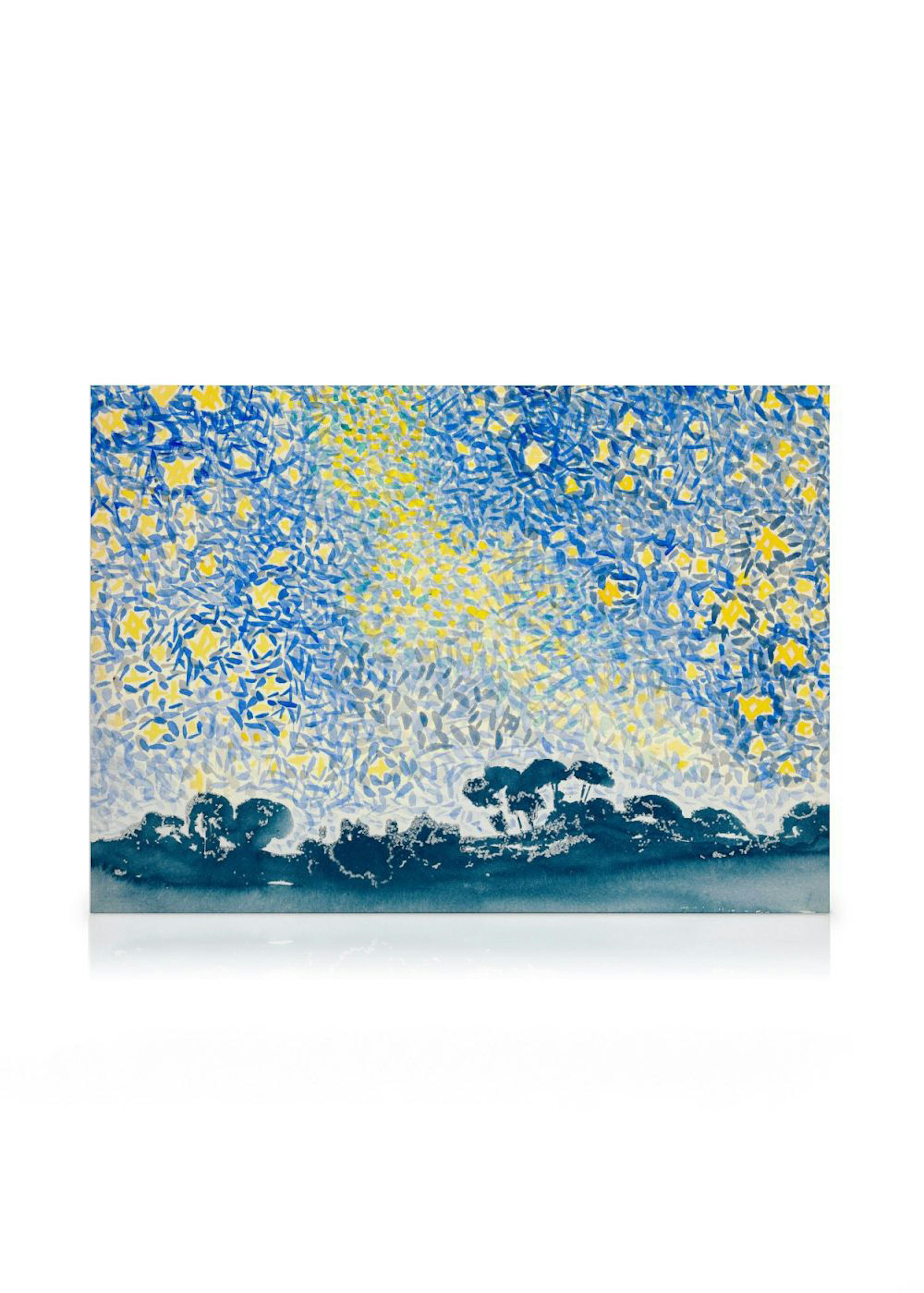 A canvas showing a night sky with yellow stars and blue abstract patterns above dark blue trees and a horizon.