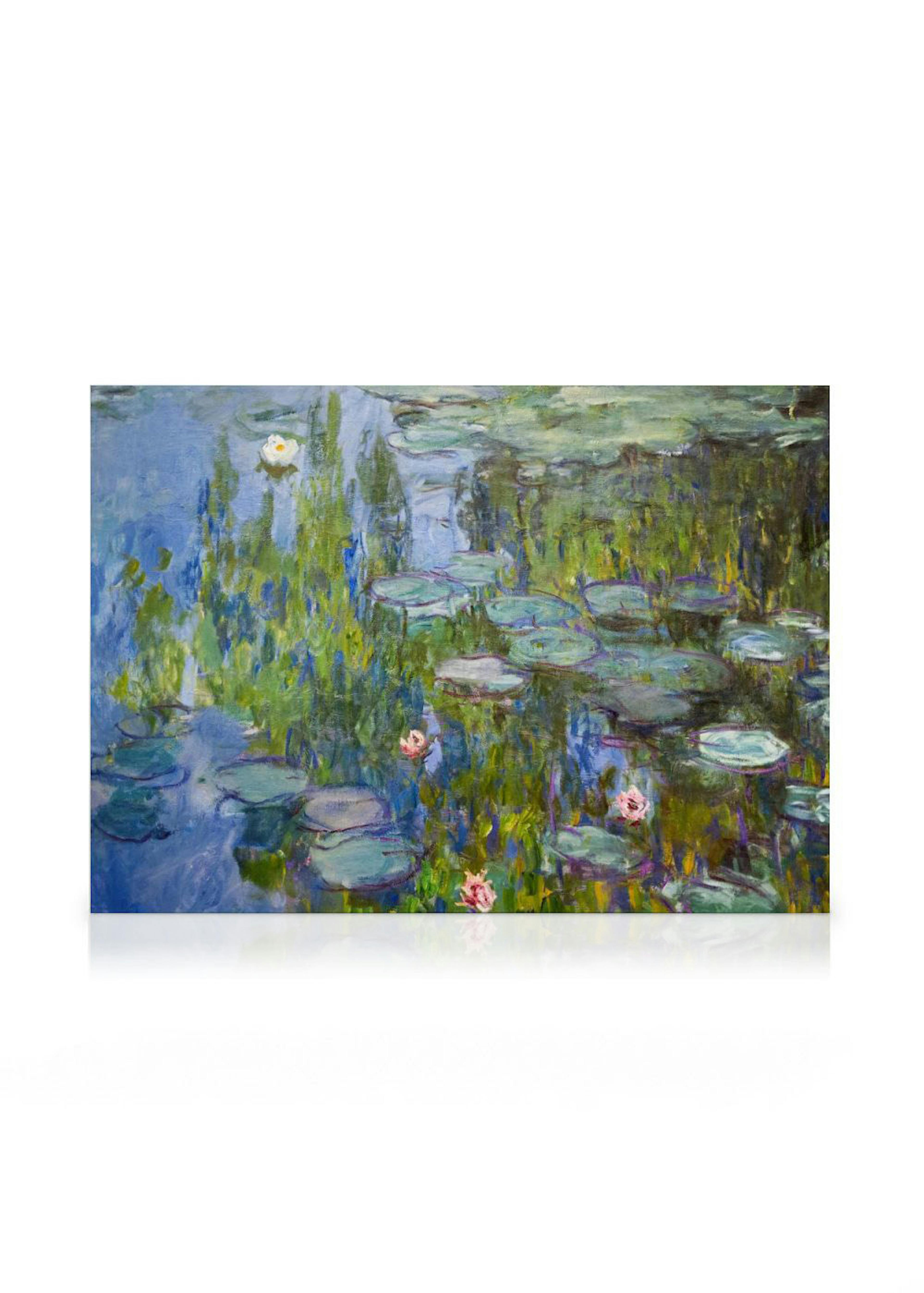 A stunning canvas of Monets Water Lilies, depicting green lily pads and pink and white flowers on a blue pond.