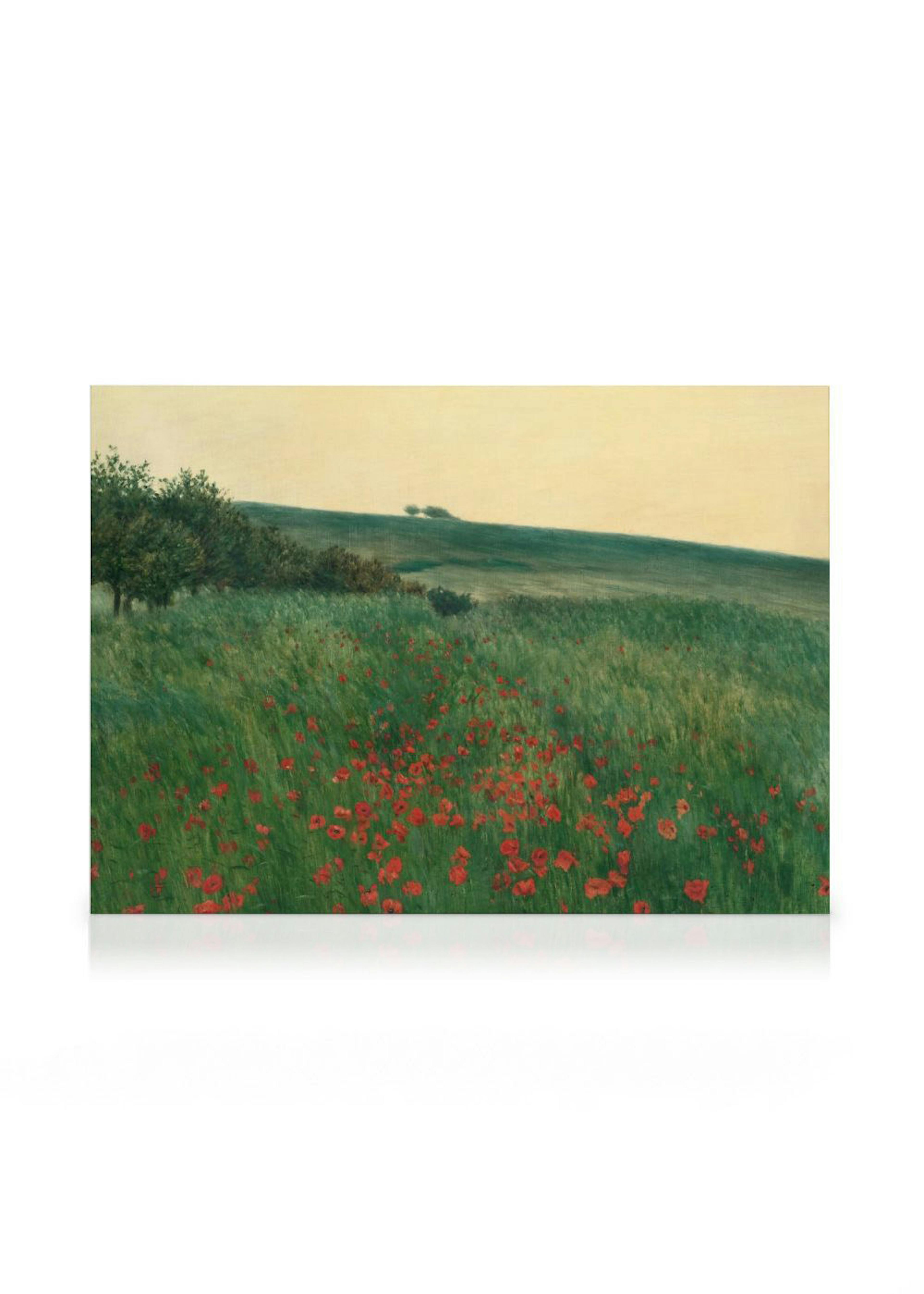 A canvas print of a vibrant green field of poppy flowers and trees under a yellow sky.