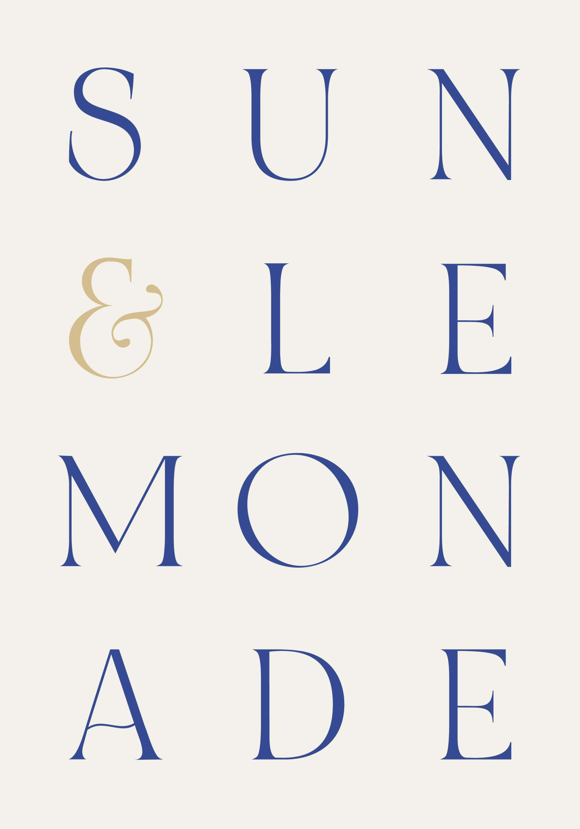 크림색 배경에 파란색과 금색 글씨로 SUN & LEMONADE 문구가 새겨진 텍스트 포스터.