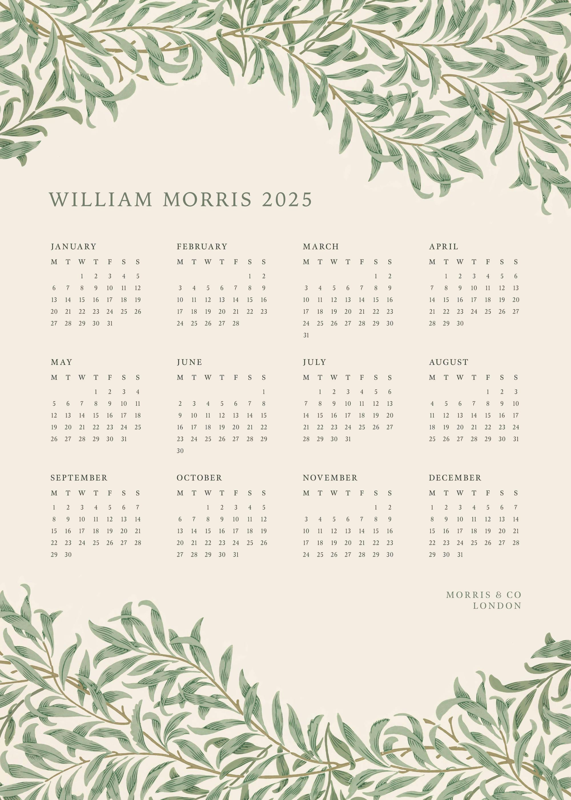 Calendario Verde William Morris 2025 Póster 0