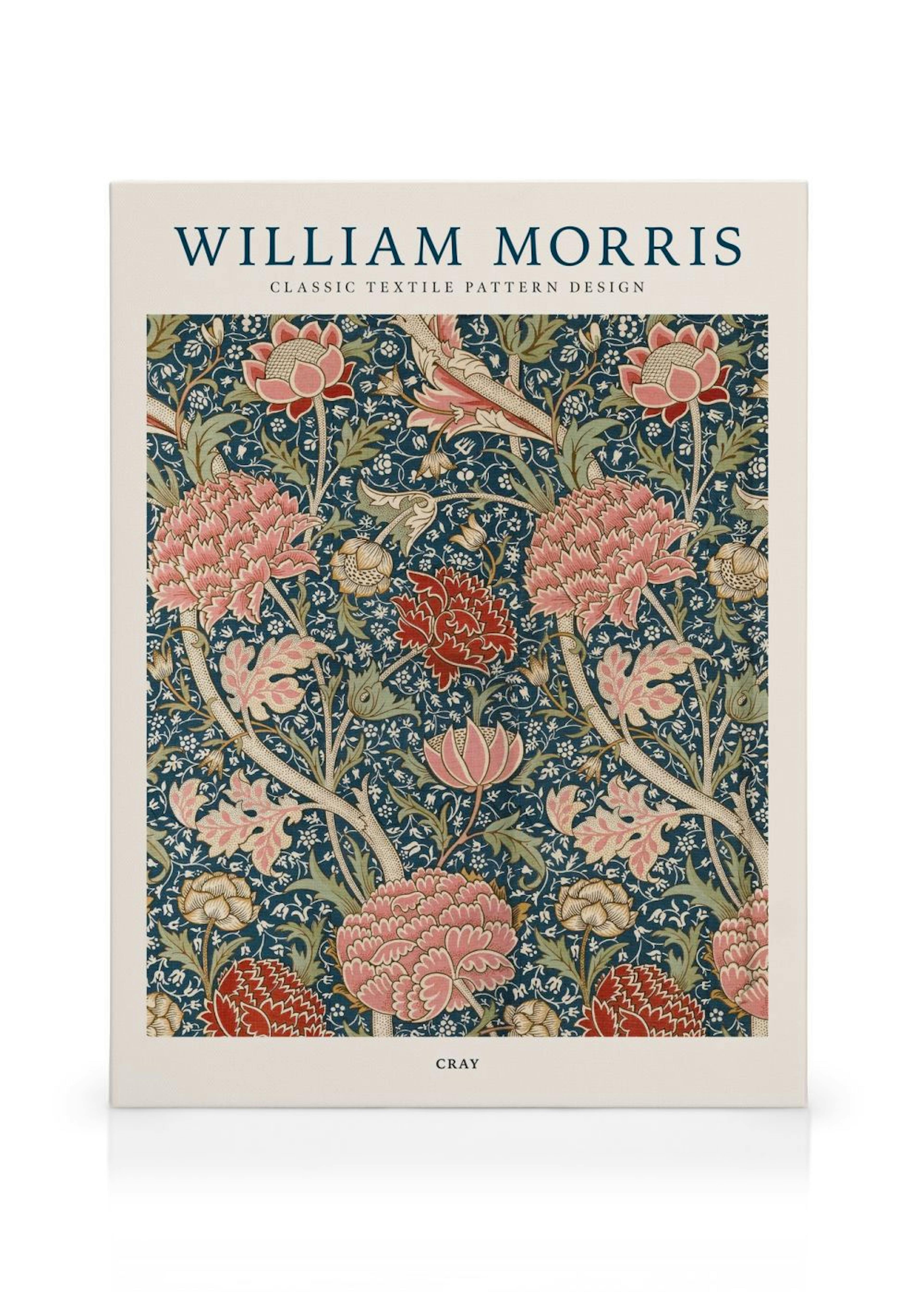Lerretsbilde med William Morris Cray blomstermønster i rosa og rødt på mørkeblå bakgrunn, henger på en hvit vegg.