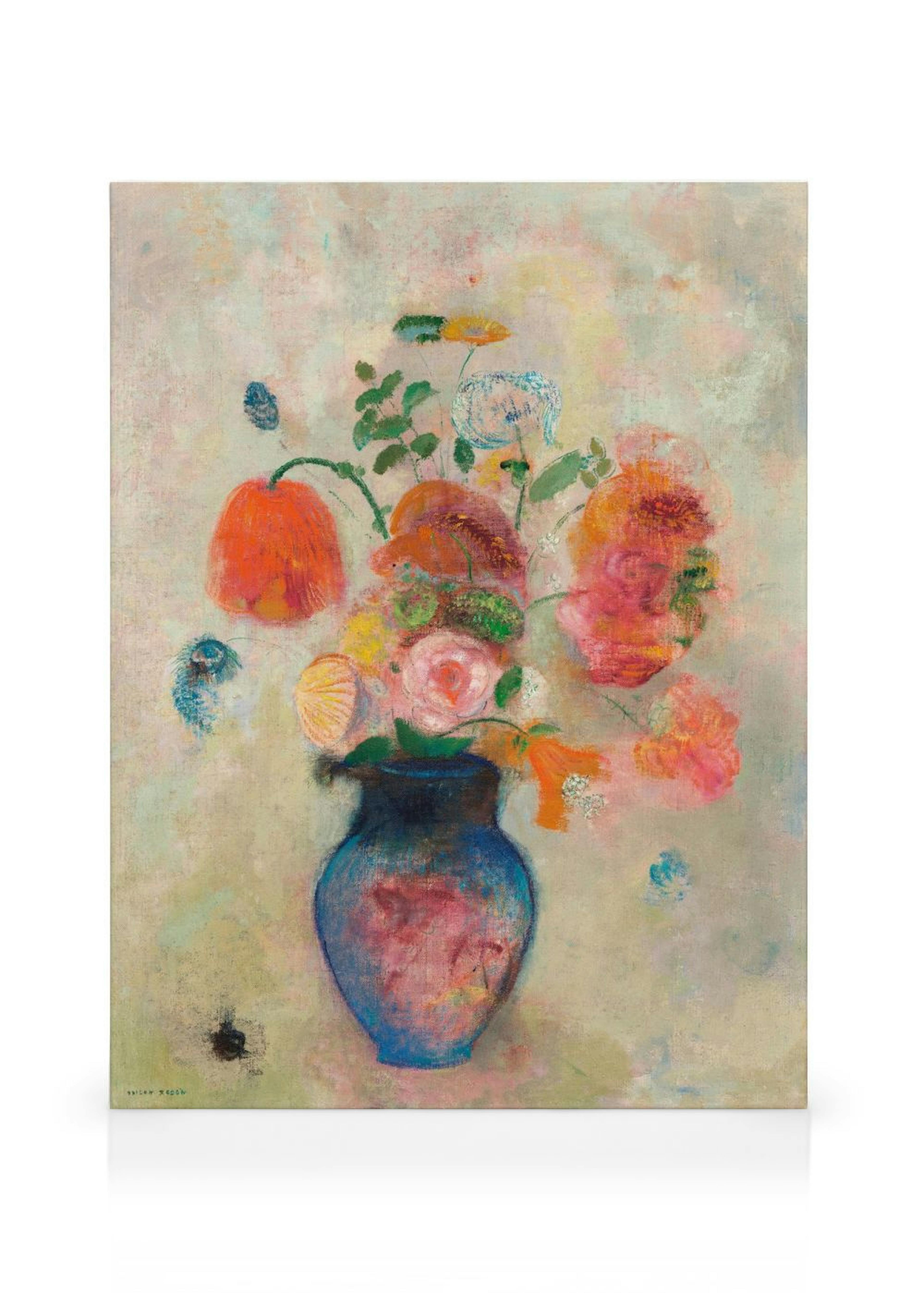 Impressionistic still life painting of colorful flowers in a blue vase, hanging on a light wall above a wooden chair.