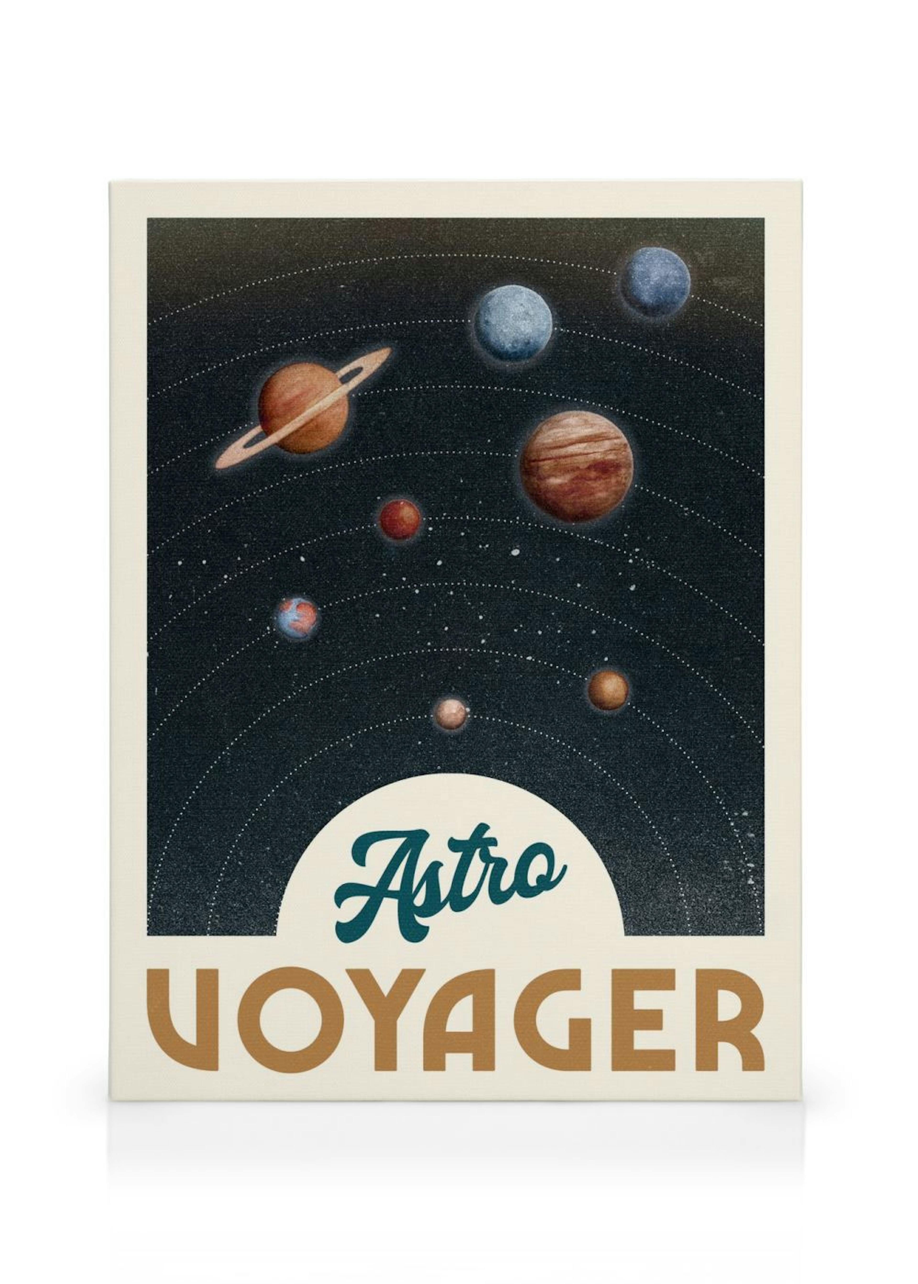 Astro Voyager -kanvaasi, jossa on planeettoja ja tähtiä tummalla taustalla, beige ja turkoosi teksti.