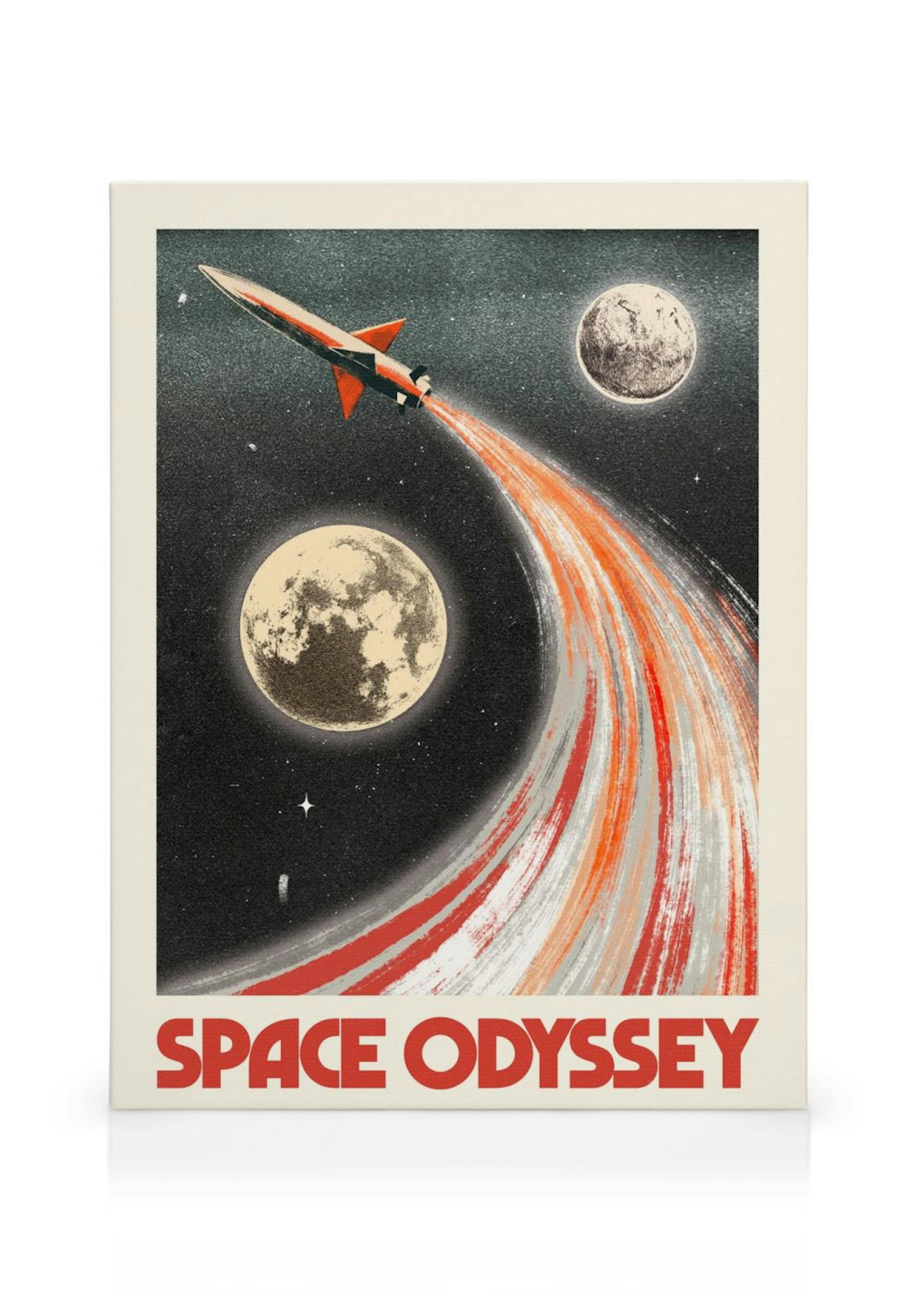 Kanvaasi, jossa on vintage-tyylinen kuva raketista lentämässä kuun ohi avaruudessa. Teksti Space Odyssey.
