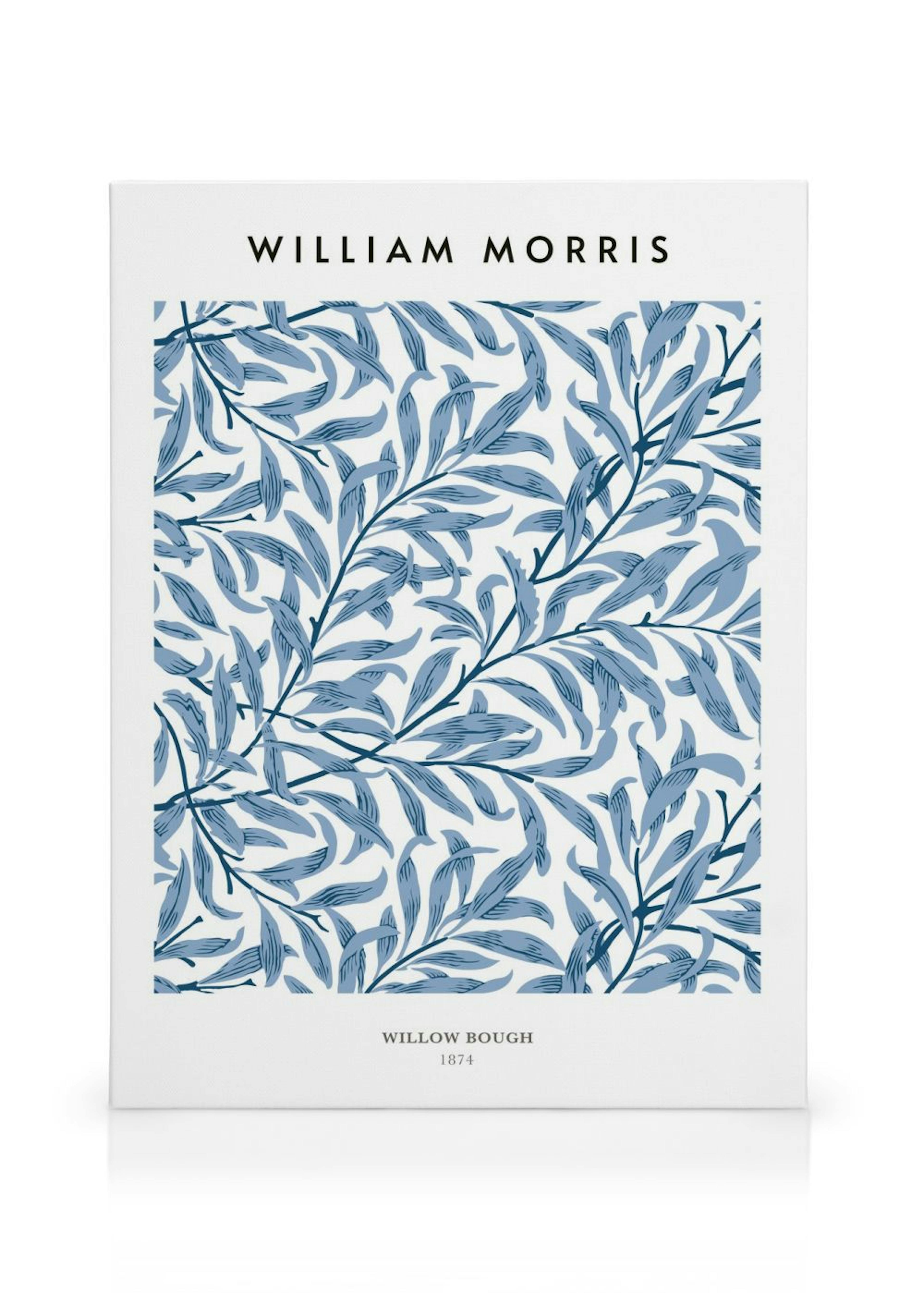 William Morrisin Willow Bough -kuosinen kanvaasi, jossa sinisiä oksia ja lehtiä valkoisella pohjalla.