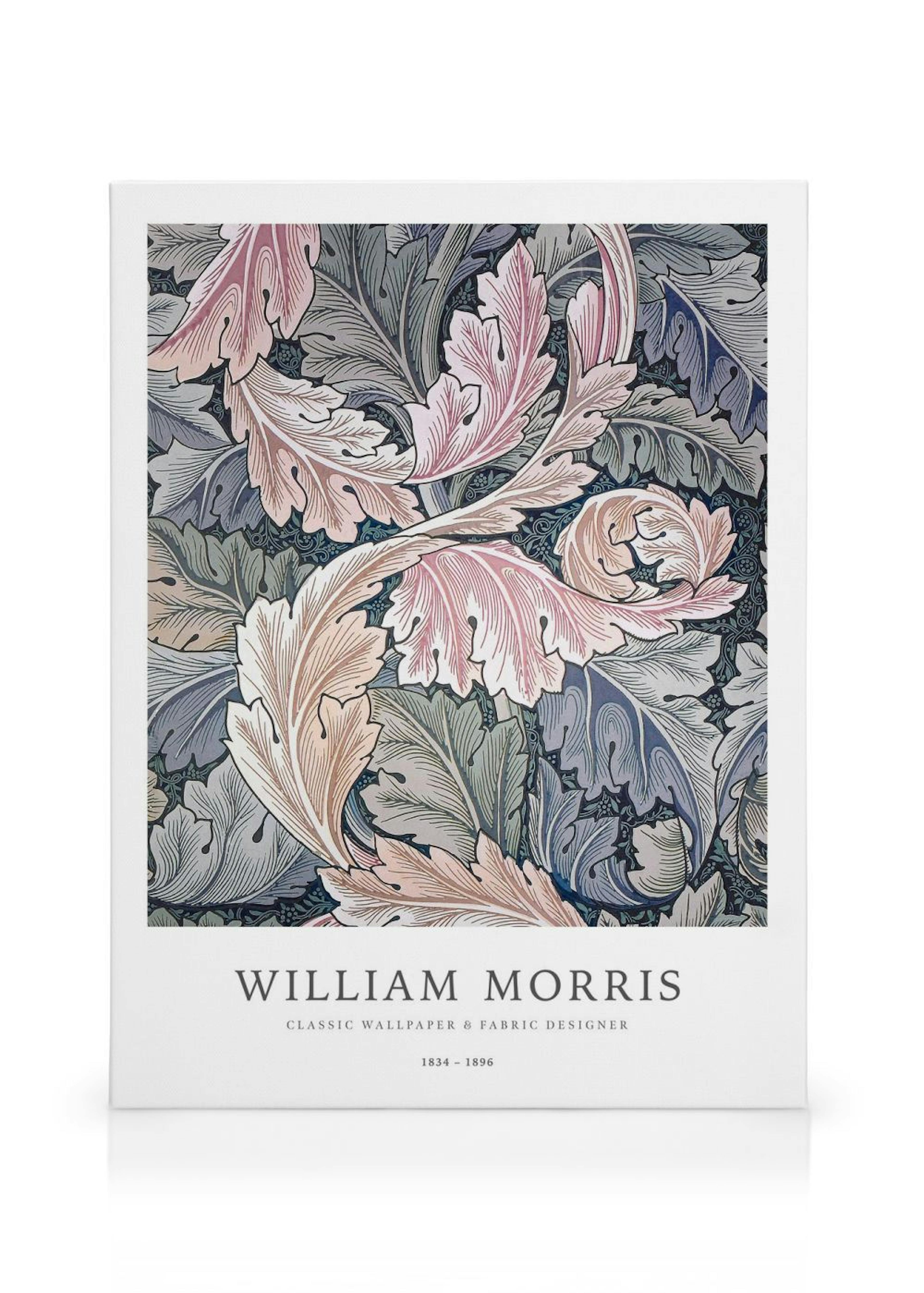William Morris -kanvaasi, jossa on yksityiskohtaisia, toisiinsa kietoutuvia lehtiä harmaan, sinisen ja vaaleanpunaisen sävyissä.