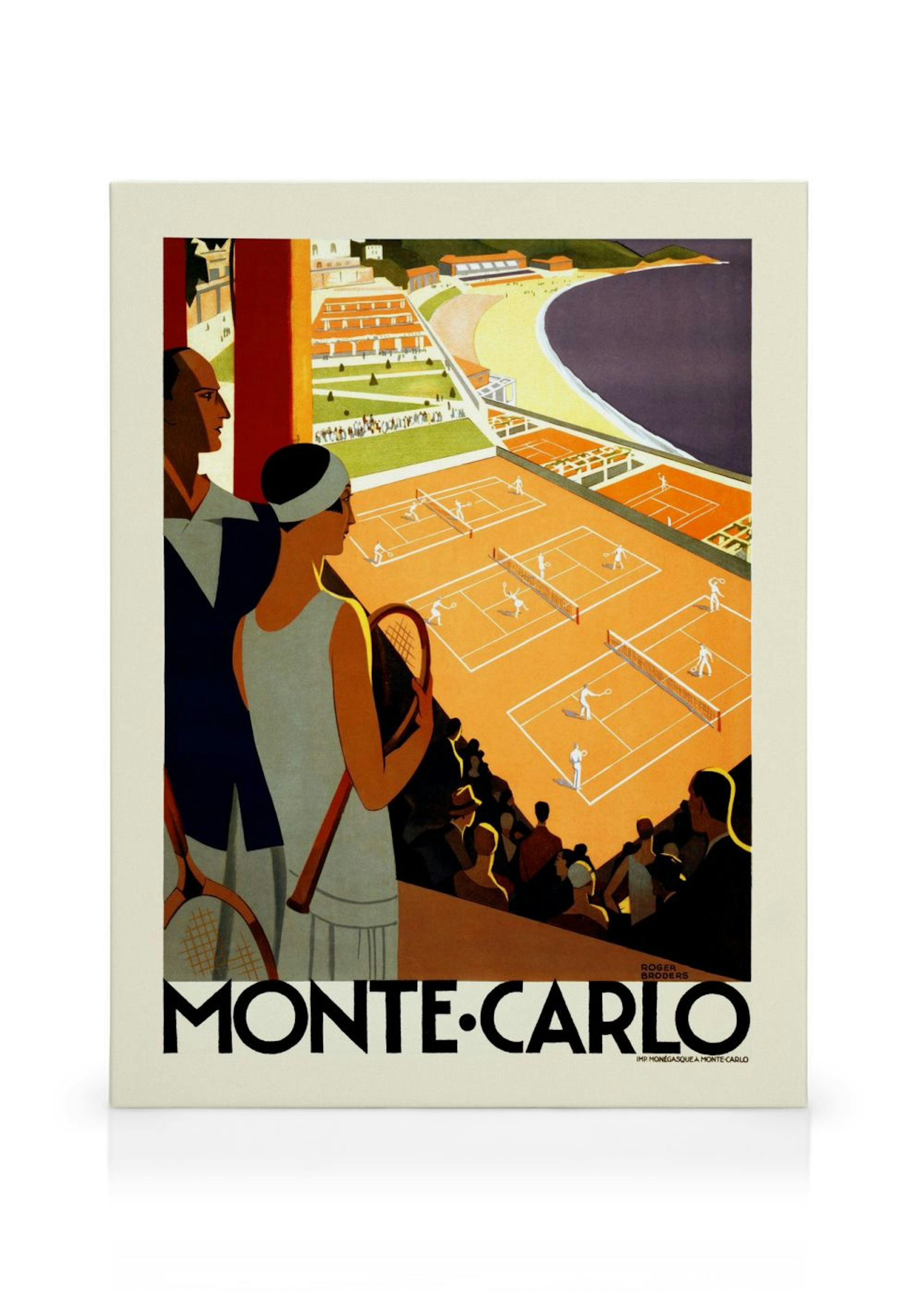 Kanvaasi Monte Carlon tenniskentistä meren rannalla, katsomossa art deco -tyyliset katsojat.