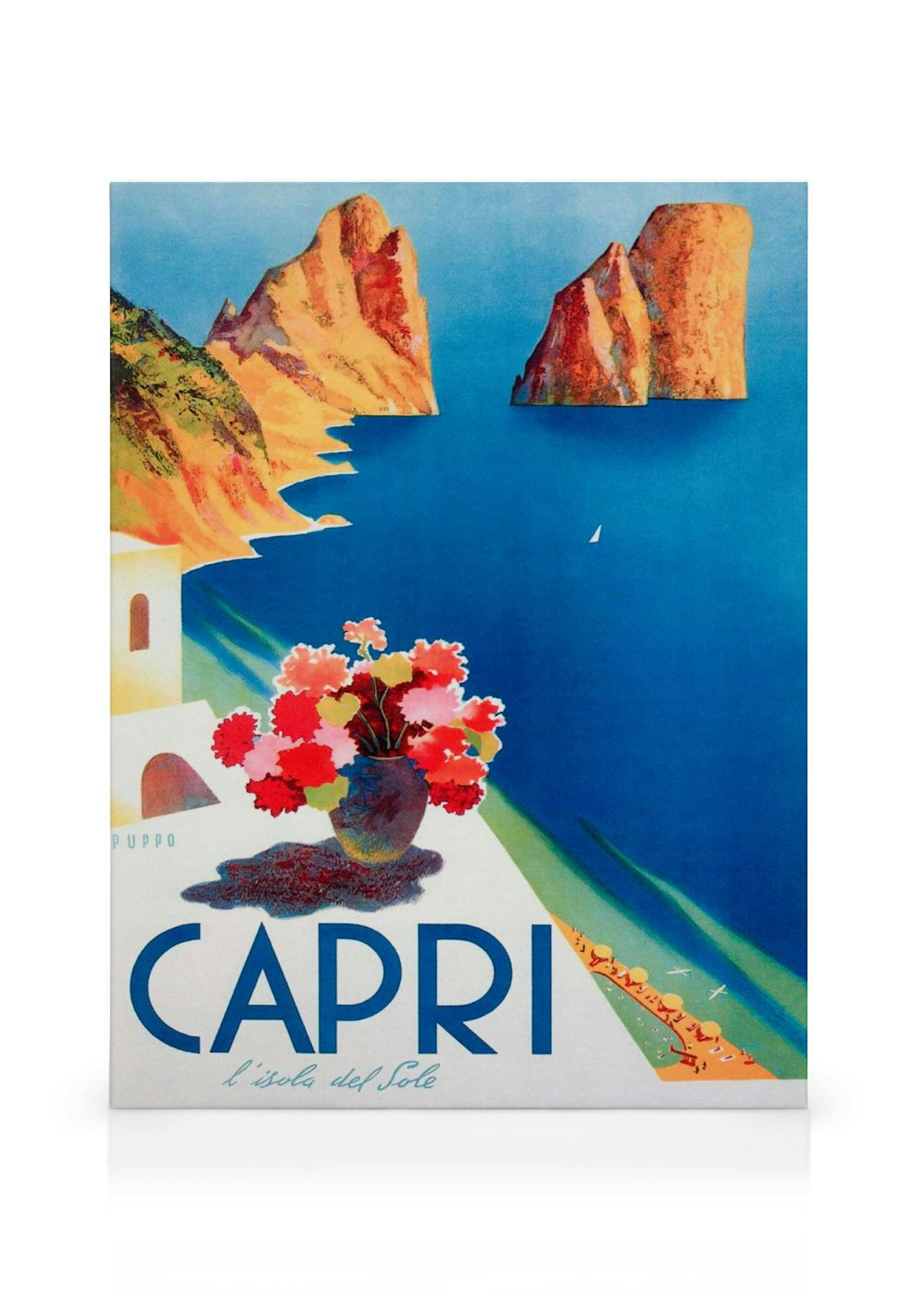 Värikäs Capri-aiheinen kanvaasi, jossa on kukkamaljakko ja saaren merimaisema.