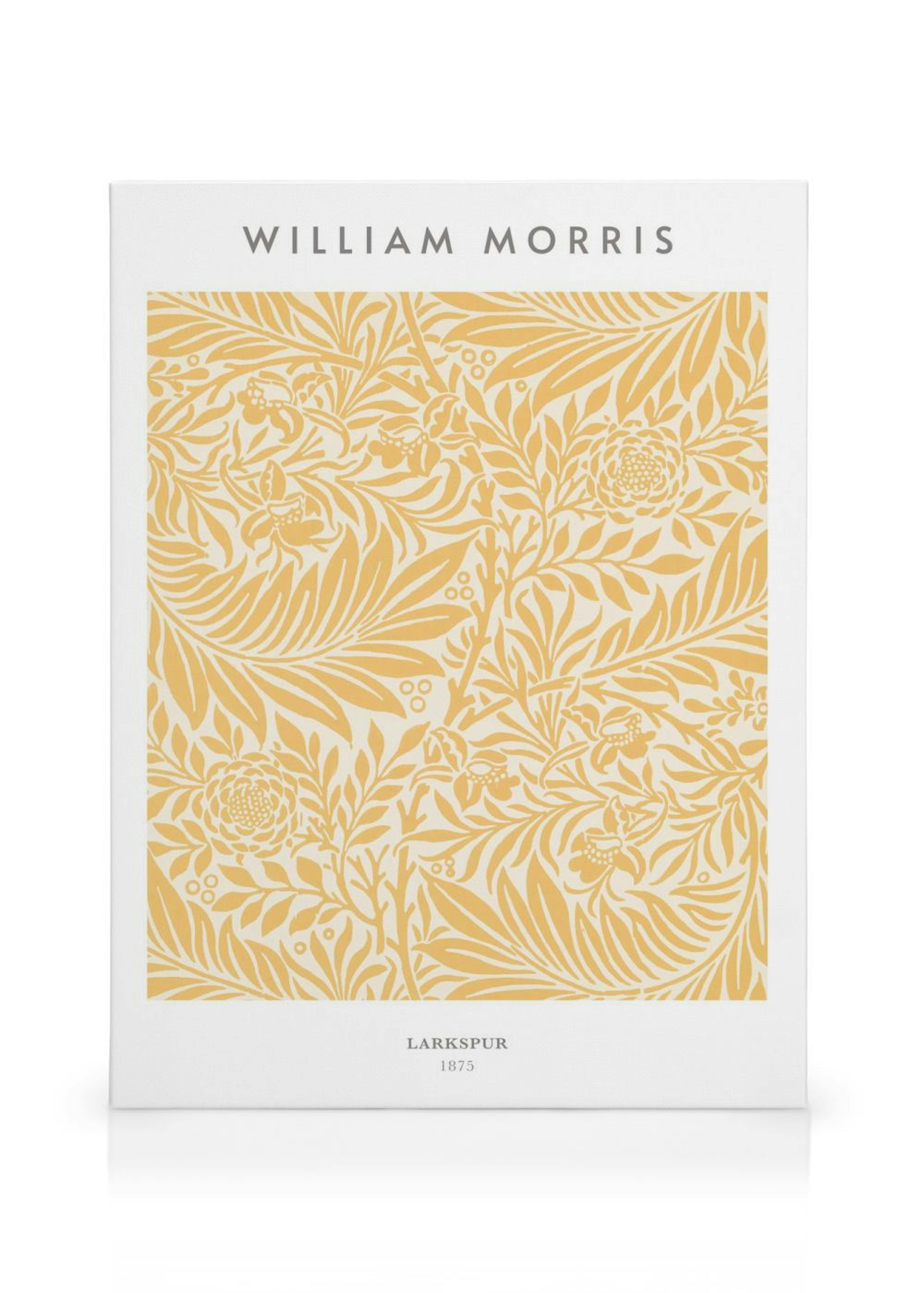 William Morris Larkspur 1875 -kanvaasi, jossa on keltainen kukkakuvio vaalealla pohjalla.
