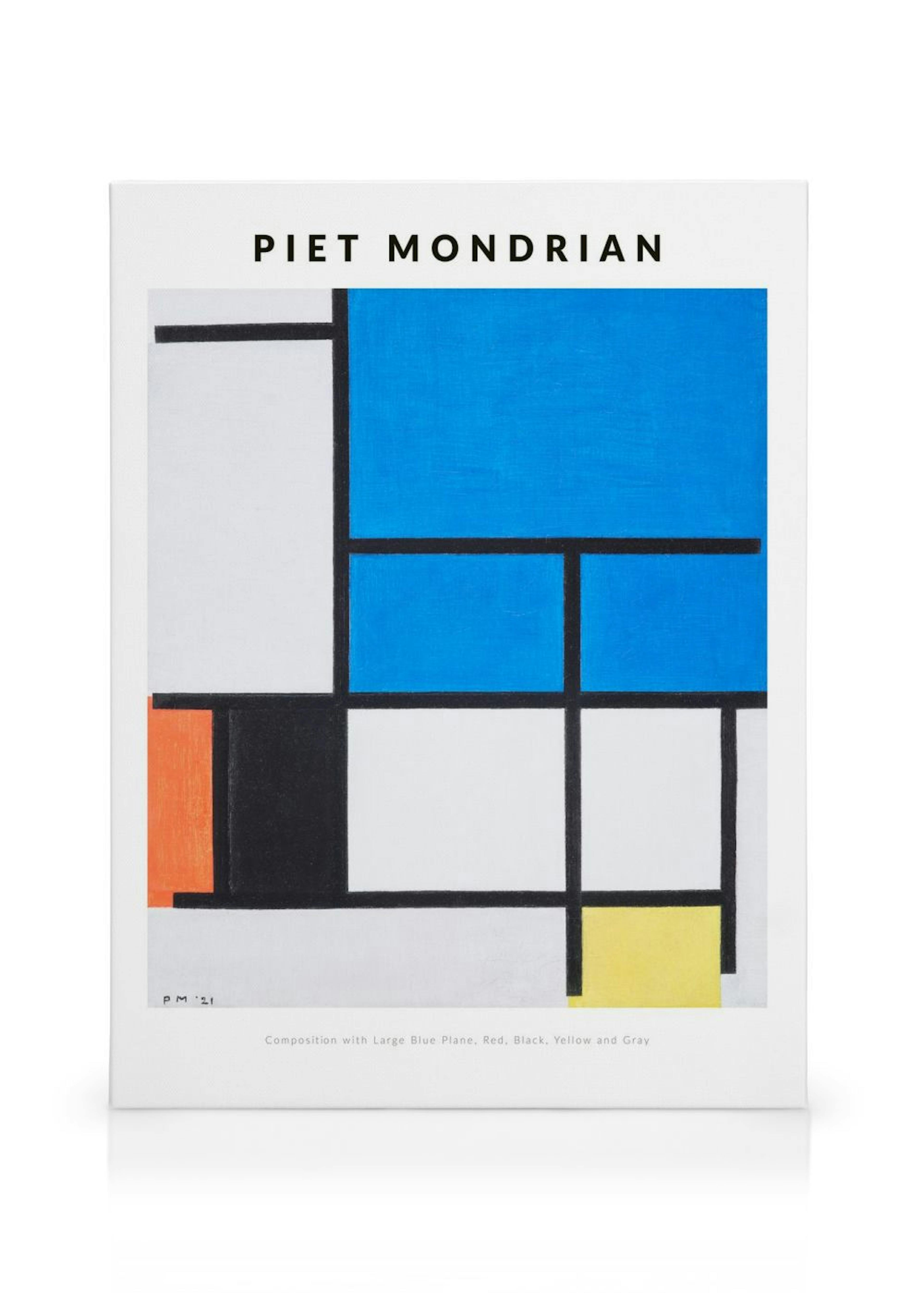 Piet Mondrianin abstrakti kanvaasi sinisillä, valkoisilla, oransseilla ja keltaisilla neliöillä ja mustilla viivoilla.