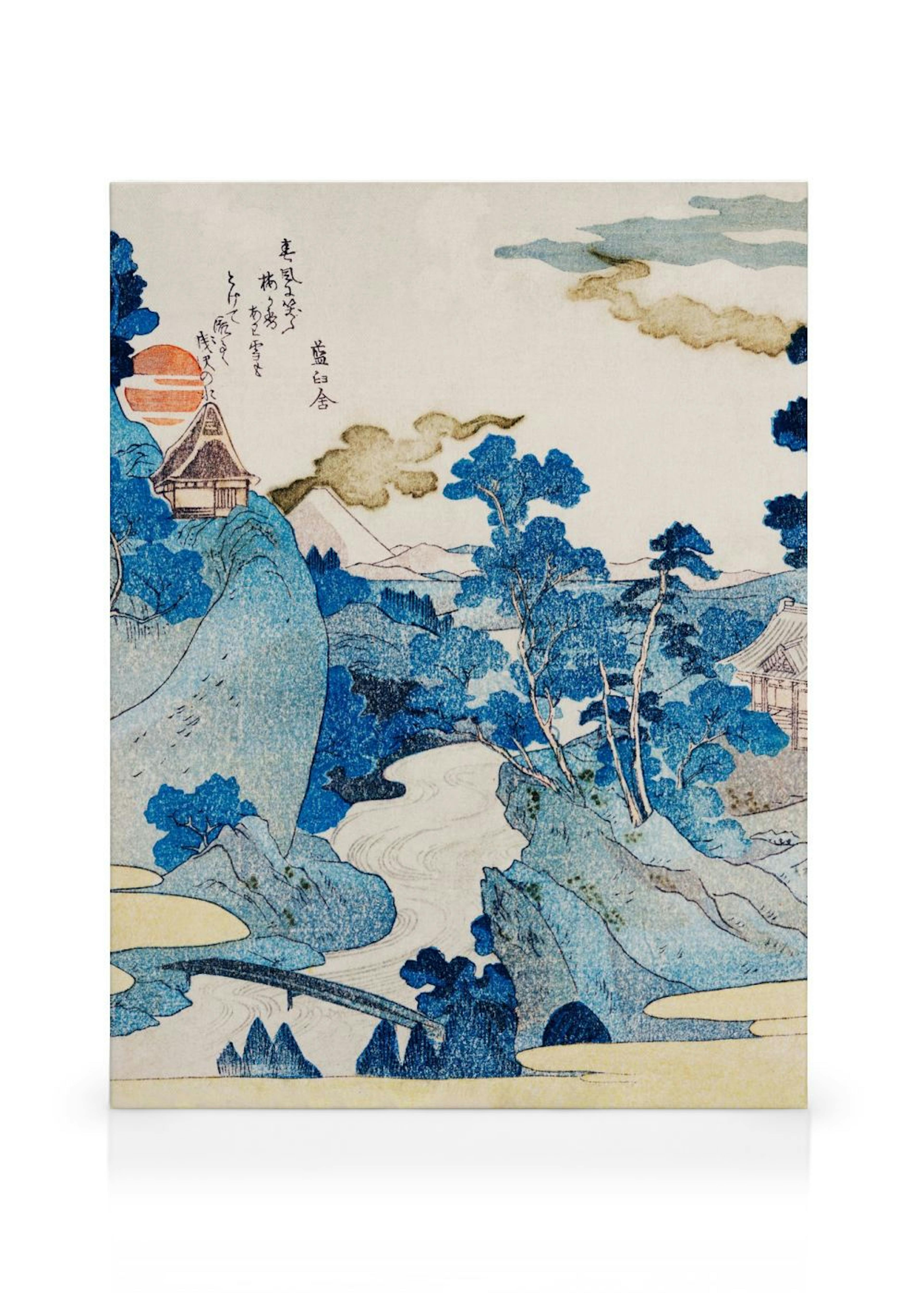 Japanilainen kanvaasi, jossa sinisiä vuoria, puita ja joki. Taivaalla on oranssi aurinko.