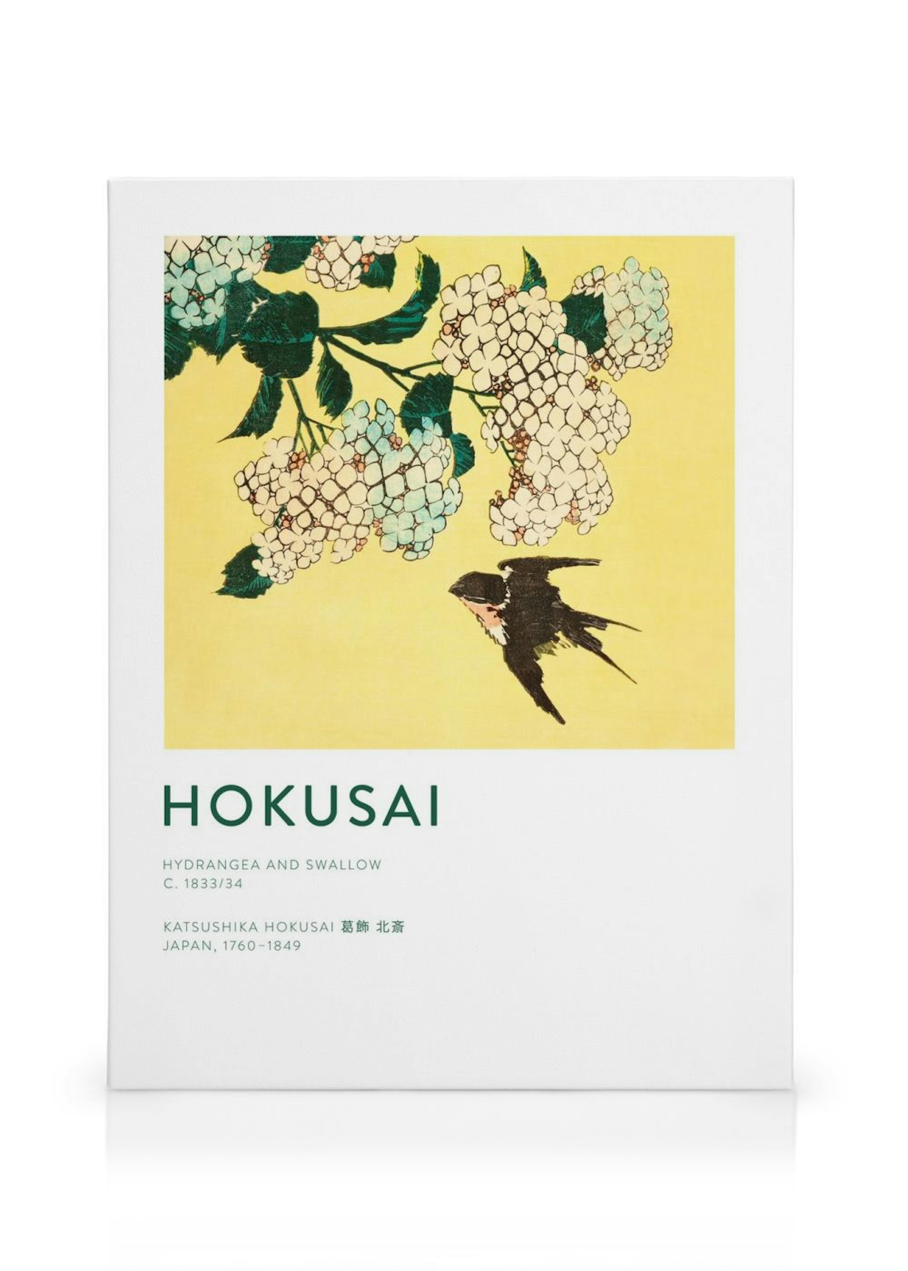 Hokusai-kanvaasi: japanilaistyylinen kuva vaaleankeltaisella pohjalla, valkoiset hortensiat ja pääskynen.